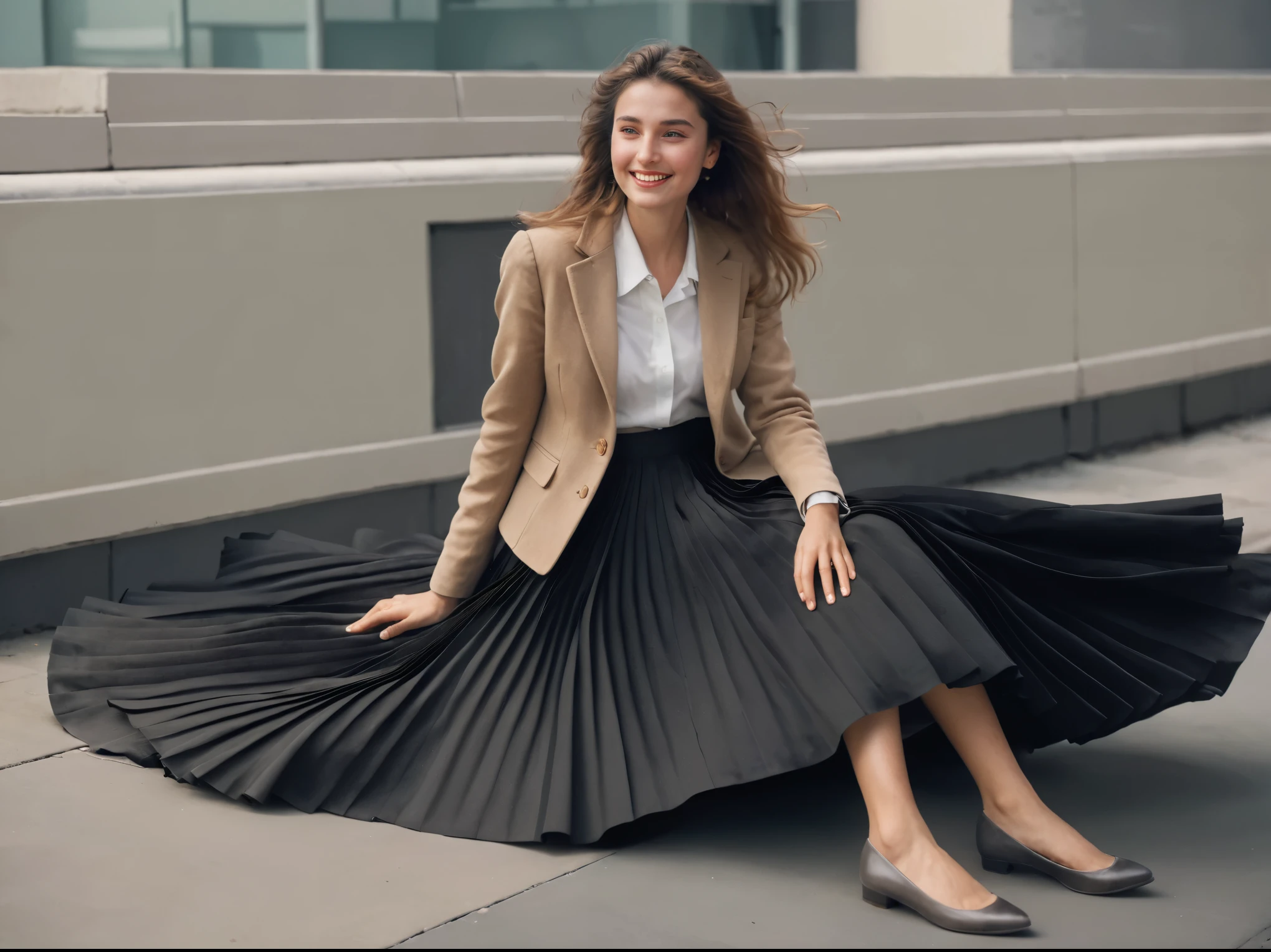 A smiling, authentic, (shy:1,3), kind, beautiful woman, is passionately in love with her skirt, wind wildly lifts her skirt, wearing uniform jacket and very, very detailed (long (fully pleated) full circle skirt) and (low heeled court shoes), very, very intricate hyper-detailed symmetric (attractive graceful young feminine face) with (sad, tired eyes and a loving smile), very voluptuous breasts, full of empathy and compassion and love, (pronounced (feminine) features), (highly detailed ultra accurate realistic) hands and fingers, (windy), epic composition, highly detailed attributes, (35mm f1.4 Kodak portra 400 photograph), extremely high quality RAW photograph, highly detailed atmosphere, sci-fi, cinematic shot, dynamic lighting, 75mm, Technicolor, Panavision, cinemascope, sharp focus, fine details, 8k, HDR, realism, realistic, key visual, film still, superb cinematic color grading, depth of field