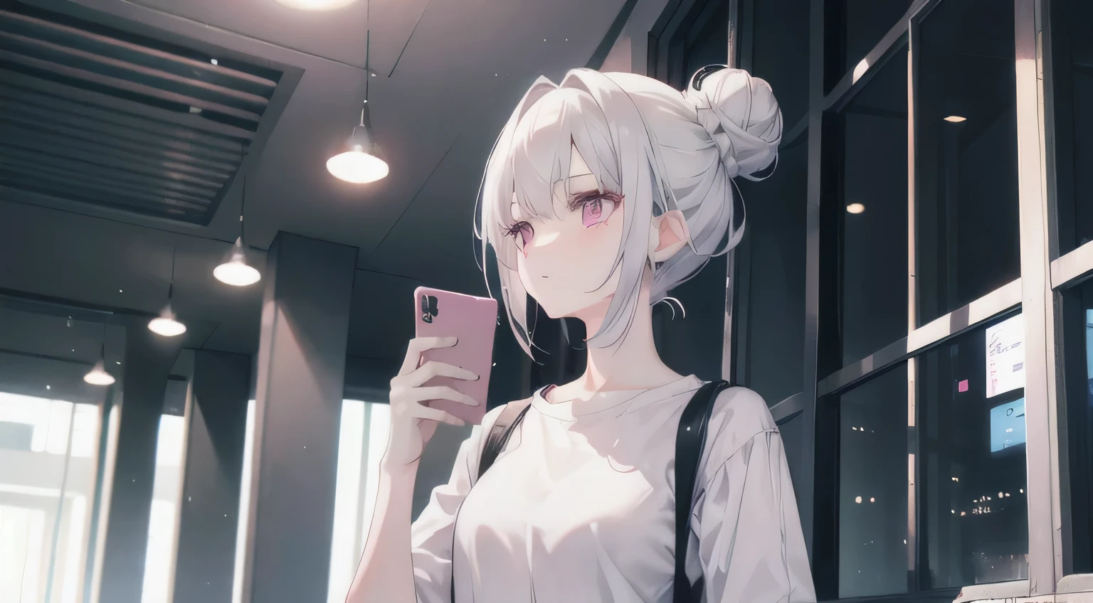 Silver Hair, A very short shortcut, Hair Bun, Pink Eyes,, Casual and natural clothing, Standing with a smartphone in hand, Cinematic composition, White background, Light scattering,masterpiece, Highest quality, Super detailed,