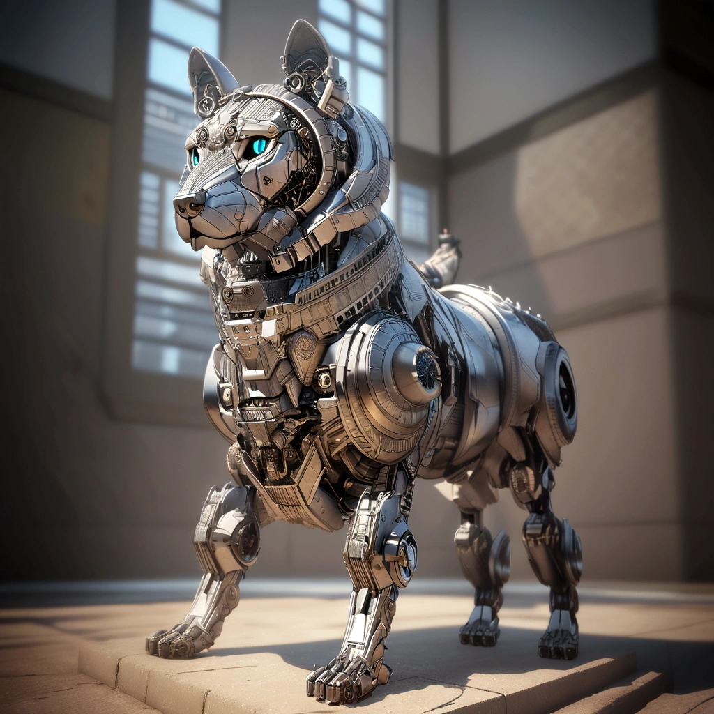 The building has a metal dog statue on its base., Armored Catの仲間, husky in shiny armor, Armored Cat, Steampunk dog, Cyborg dog, rendered in redshift, Steampunk ferret - a shaped mecha, Robot Lion, Industrial Mechanical Robot Dog, Highly detailed rendering, A good giant mechanical wolfdog, Detailed and complex rendering, Expressed in 3D rendering