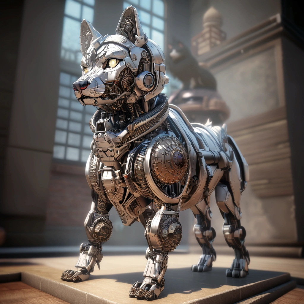 The building has a metal dog statue on its base., Armored Catの仲間, husky in shiny armor, Armored Cat, Steampunk dog, Cyborg dog, rendered in redshift, Steampunk ferret - a shaped mecha, Robot Lion, Industrial Mechanical Robot Dog, Highly detailed rendering, A good giant mechanical wolfdog, Detailed and complex rendering, Expressed in 3D rendering