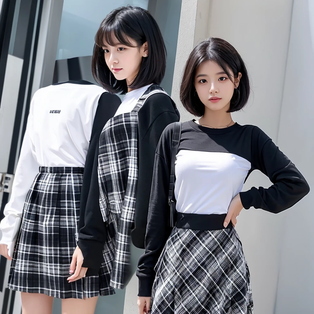 Girl with short medium black hair, black sweatshirt, White shirt, gray plaid skirt and black measurements