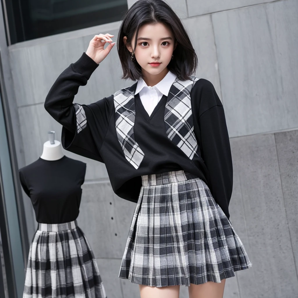 Girl with short medium black hair, black sweatshirt, White shirt, gray plaid skirt and black measurements