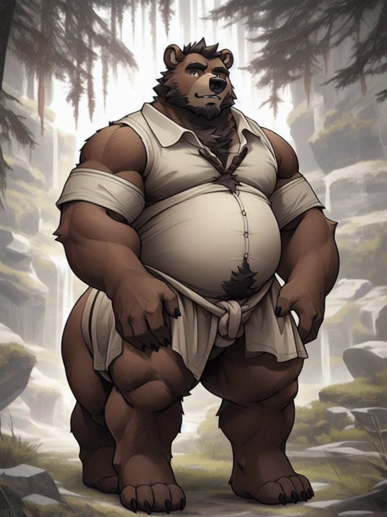 furry, fur taur, beartaur, middle-age,1man, solo, old, detailed face, bear ears, bear eyes(brown), bear nose(black), bear mouth, garibaldi beard(white), mature hair(white), detailed arms(strongest), hands(5 fingers), detailed body belly, muscular, muscular belly(white), chubby, detailed taur body, bear paws, bear tail