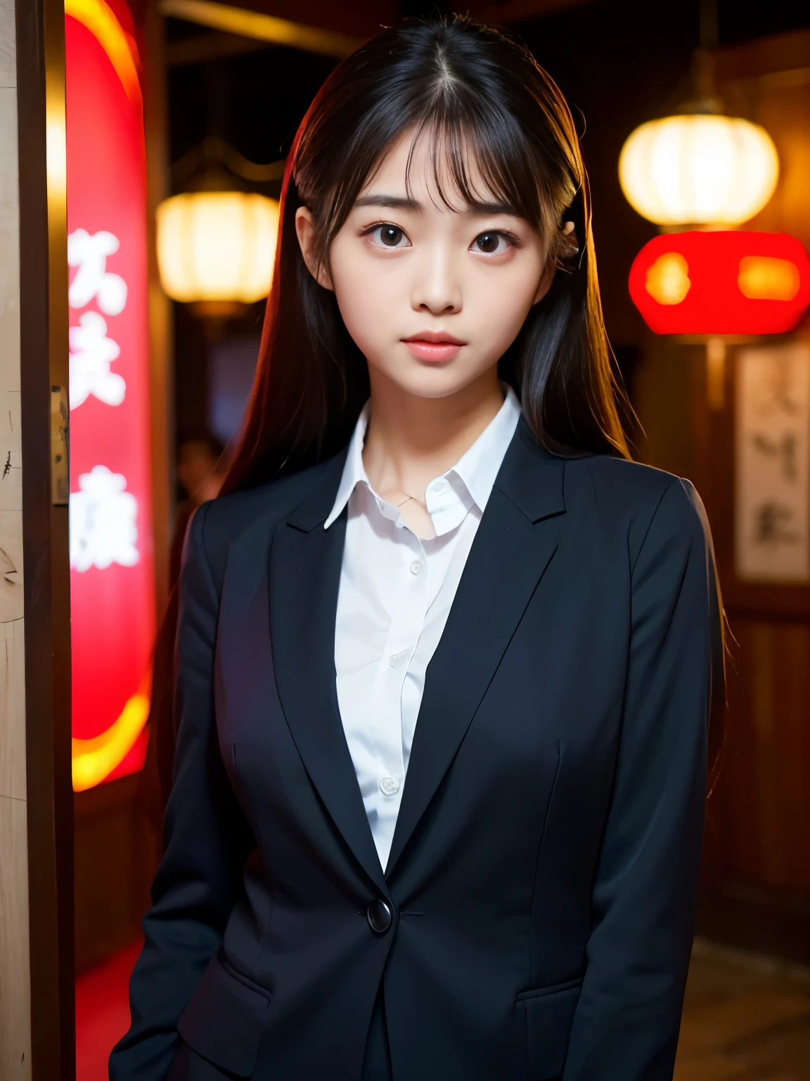 (Best-quality, Masterpiece, Ultra-High-Resolution, (Photorealistic:1.4), Raw Photo, depth of field, professional lighting, perfect anatomy, extremely details), 1girl, 15-years-old, the most famous Japanese idol, ((extremely cute face like the most popular Japanese idol, ((extremely cute and extremely big eyes)), extremely beautiful hair, extremely beautiful skins), extremely cute long-eyelashes, extremely cute lips),
(standing on entrance of Japanese-authentic-bar),
((wearing black-formal-business-suit)),
ingested copious amounts of illegal-drugs