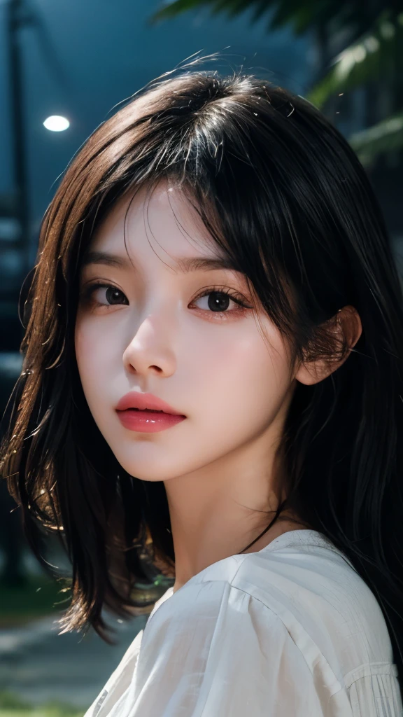 (Top quality,masterpiece:1.3,Ultra-high resolution,),(Extremely detailed,Caustic lines),(Reality:1.4,RAW Shooting,)Ultra-realistic capture,Very detailed,HD 16K,Suitable for human skin、 Natural skin texture、、Skin looks healthy and even-toned、 Use natural light and color,A woman,Kawaii,black hair,Medium Length Hair,(Depth of Field、Chromatic Aberration、、Wide lighting range、Natural shadows、)、(Nighttime outdoor lighting:1.4)(Hair blowing in the wind:1.1),