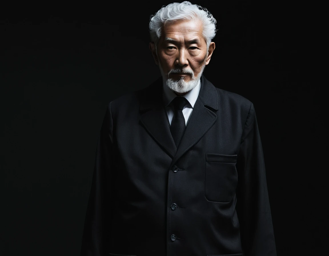 anime portrait , Portrait of my 80 year old father，View your viewers，Senior Asian Man,elder,White,mad scientist,Scientist,villain,single image，Thin and thin, (80 years:1.1), (Shaved pubic hair:1.2), (very short white hair，A little curled:1.5),(Long beard:1.6).Dark Coat,Minimalist Background, Self-composed music, Powerful details, Dark Light