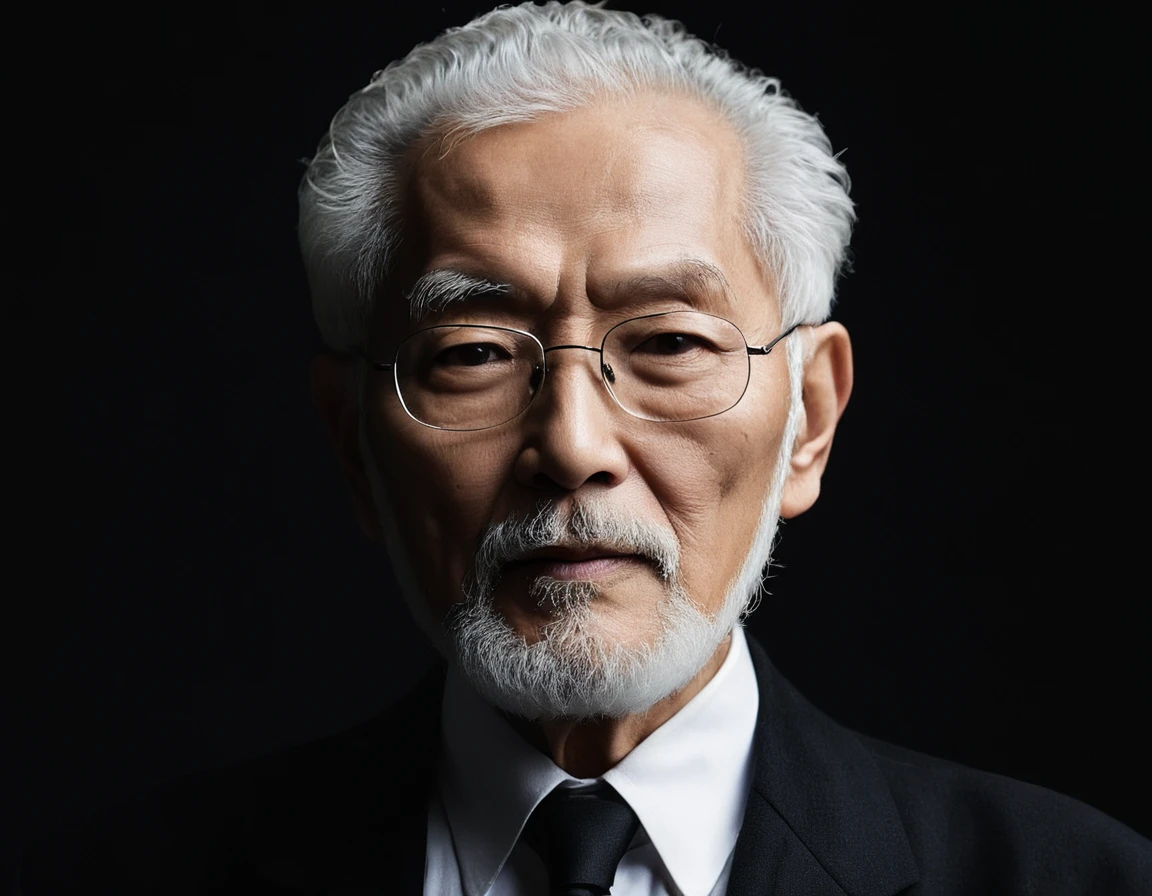 anime portrait , Portrait of my 80 year old father，View your viewers，Senior Asian Man,elder,White,mad scientist,Scientist,villain,single image，Thin and thin, (80 years:1.1), (Shaved pubic hair:1.2), (very short white hair，A little curled:1.5),(Long beard:1.6).Dark Coat,Minimalist Background, Self-composed music, Powerful details, Dark Light