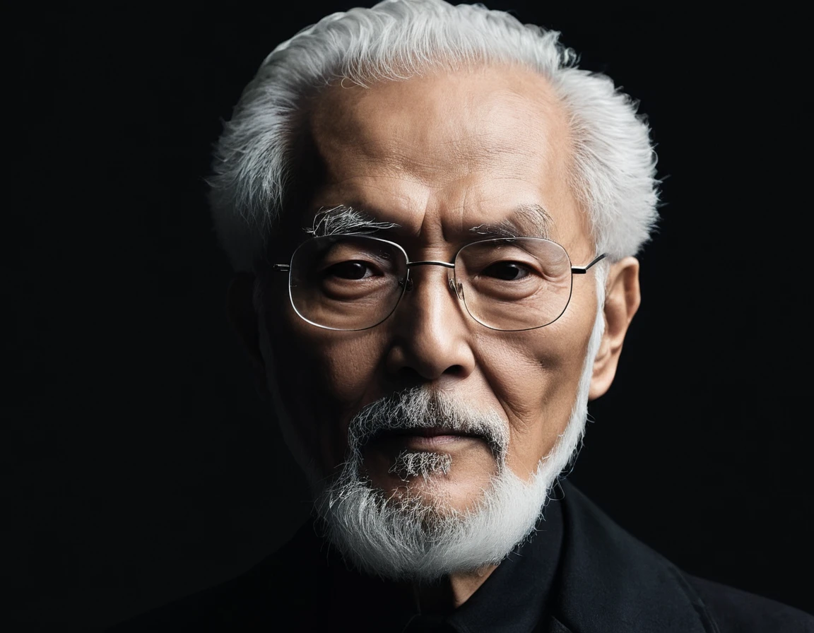 anime portrait , Portrait of my 80 year old father，View your viewers，Senior Asian Man,elder,White,mad scientist,Scientist,villain,single image，Thin and thin, (80 years:1.1), (Shaved pubic hair:1.2), (very short white hair，A little curled:1.5),(Long beard:1.6).Dark Coat,Minimalist Background, Self-composed music, Powerful details, Dark Light