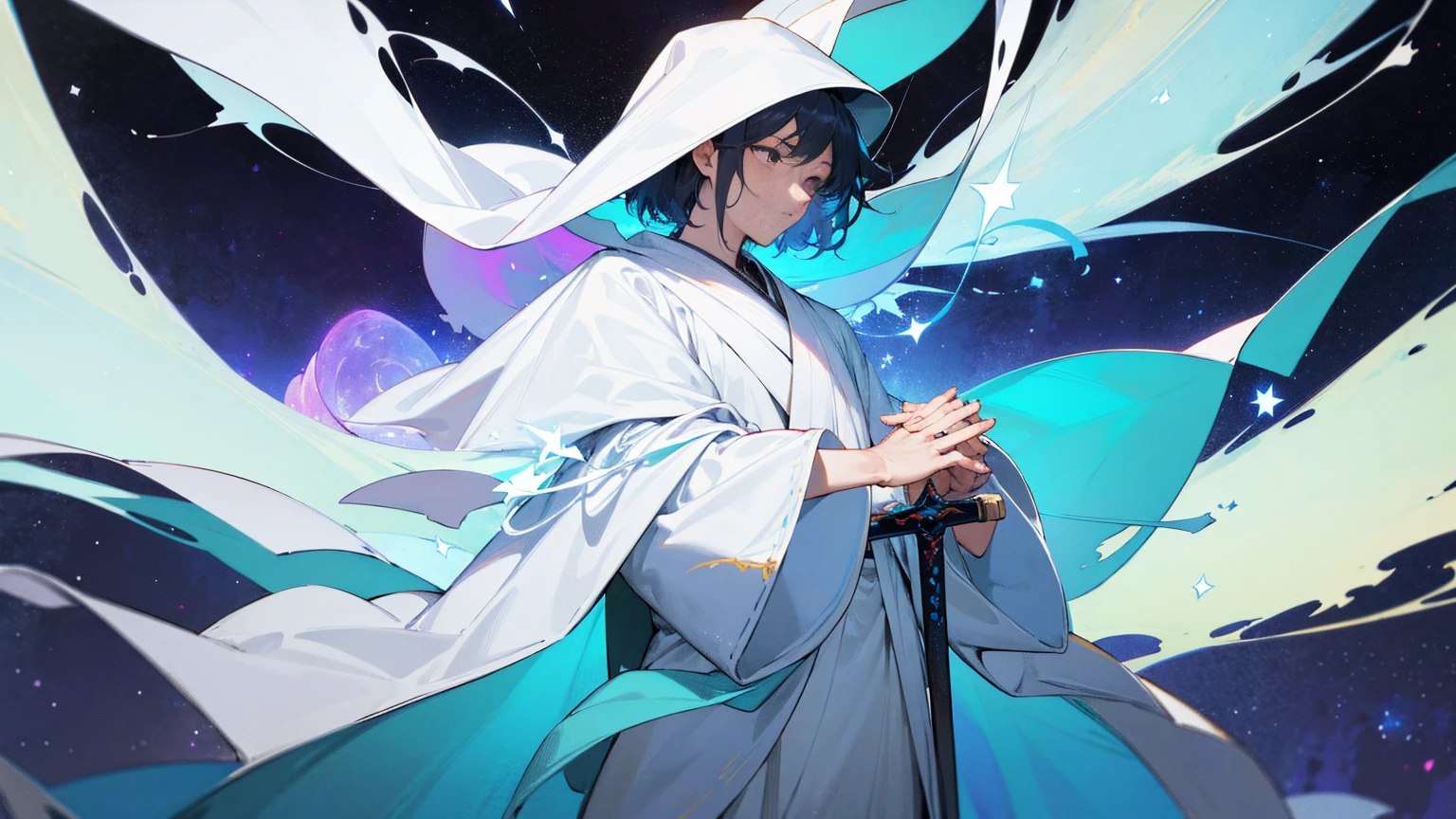 A mysterious figure in a white robe standing at the center of the world, surrounded by countless stars and cosmic nebulae, extending his hands as if creating and shaping the entire world, ,in the style of the stars art group xing xing, 32k, best quality, masterpiece, super detail, high details,upper body only, glowing sword on hilt