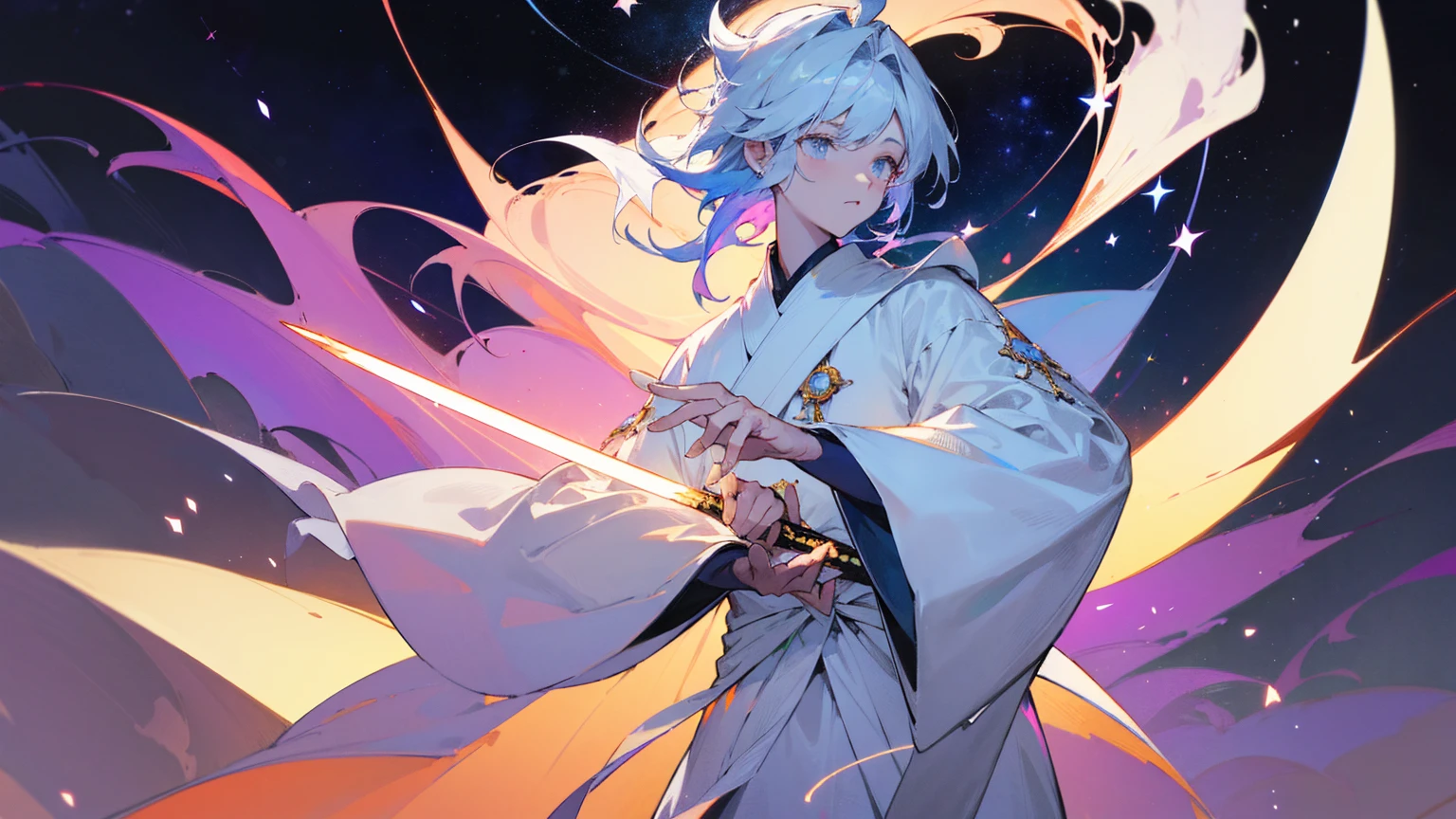 A mysterious figure in a white robe standing at the center of the world, surrounded by countless stars and cosmic nebulae, extending his hands as if creating and shaping the entire world, ,in the style of the stars art group xing xing, 32k, best quality, masterpiece, super detail, high details,upper body only, glowing sword on hilt