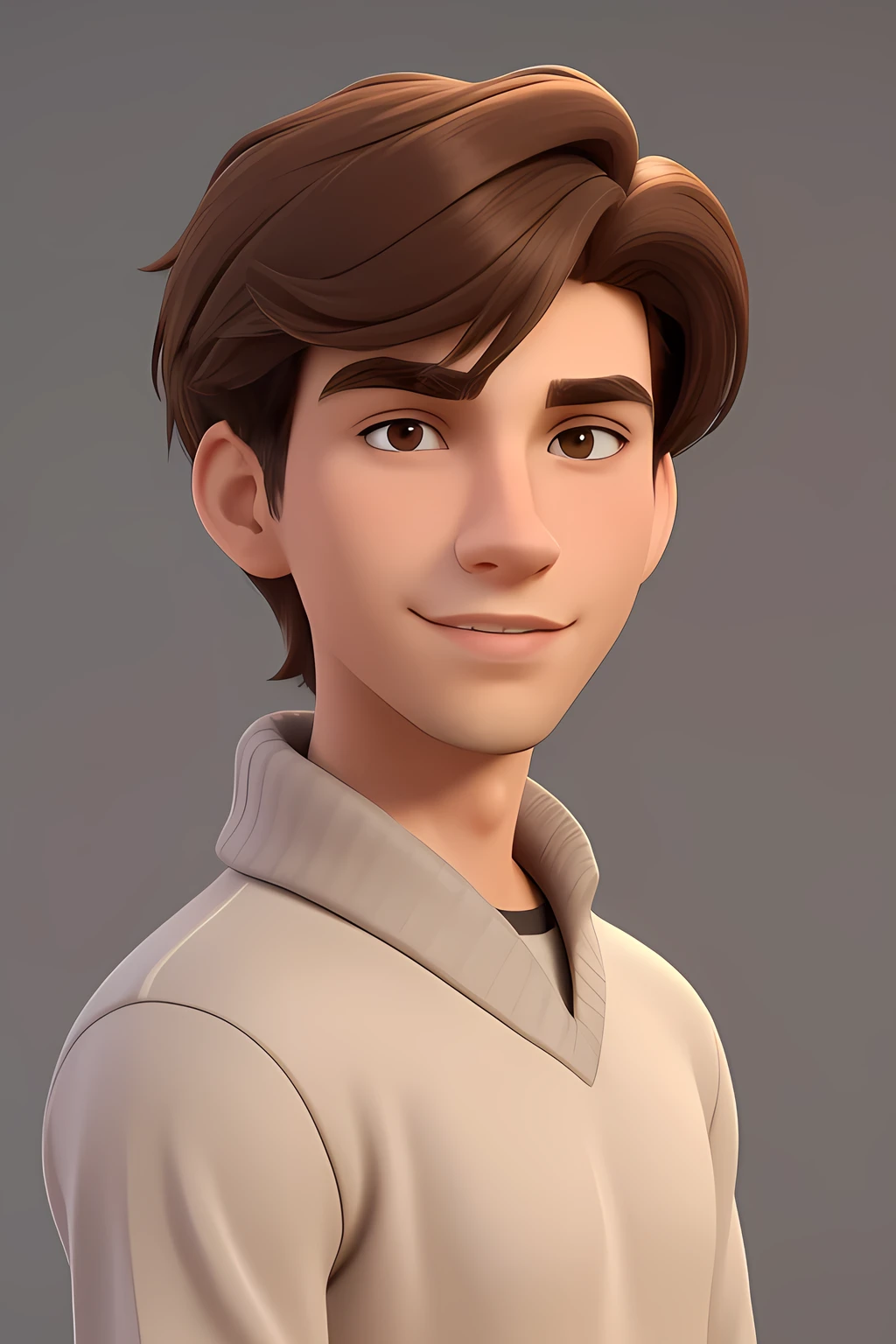 A young man of 19 years old, with medium-length brown hair, brown eyes, angular jaw, short stubble beard, lean body, cute and handsome, mature look and serious subtle smirk, wearing a sweater. 3d cartoon