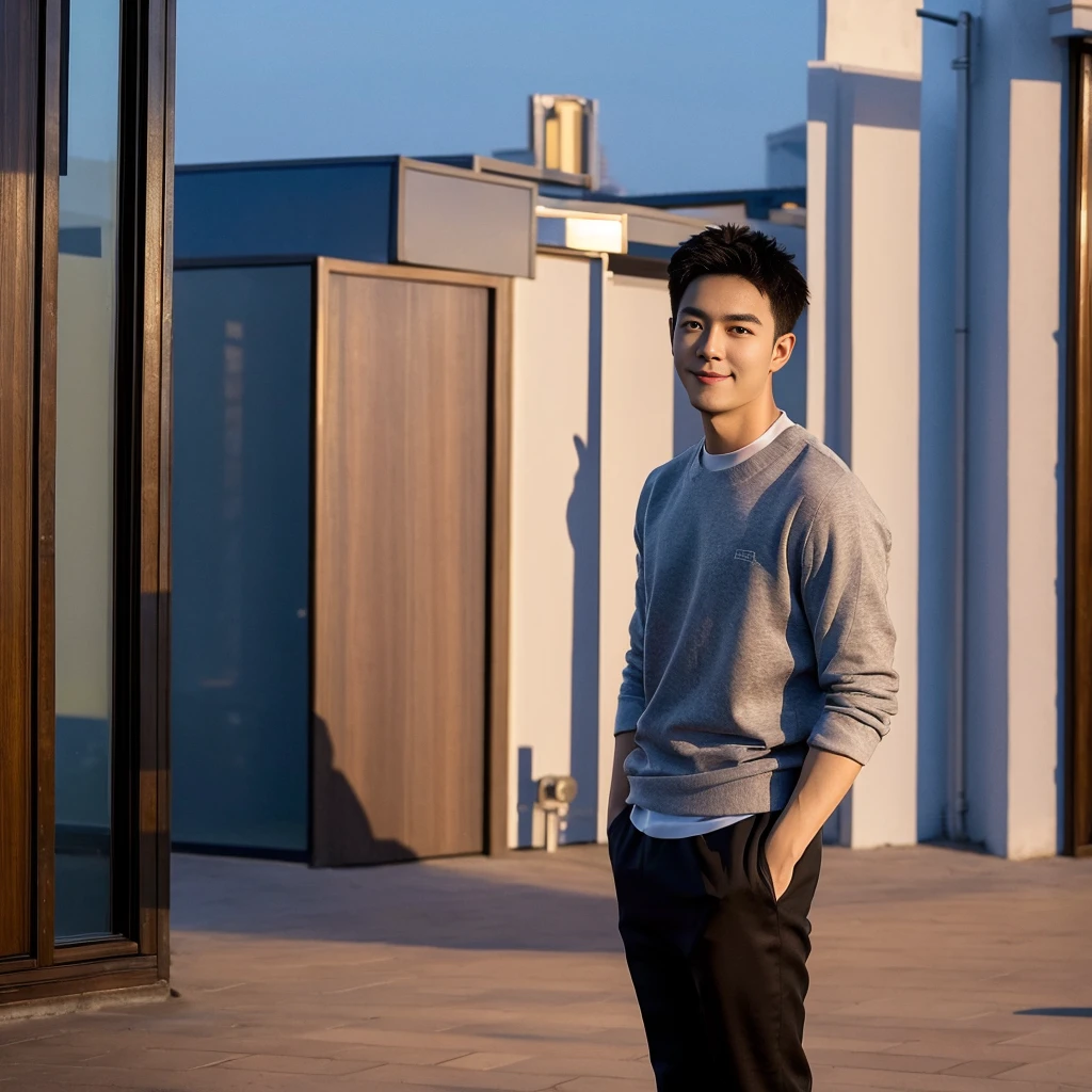 Masterpiece, best quality, height, Ultra high resolution,TRUE, photoTRUEistic,young man,handsome face,evening,natural light,look at viewer,outdoor,full body,smile,round face,short hair,Eye details,Shanghai city road,night scenery