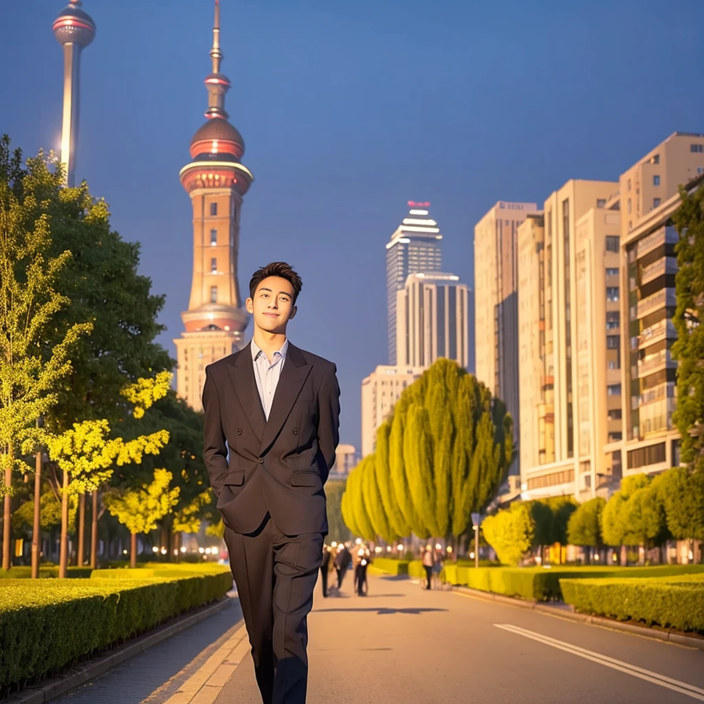 Masterpiece, best quality, height, Ultra high resolution,TRUE, photoTRUEistic,young man,handsome face,evening,natural light,look at viewer,outdoor,full body,smile,round face,short hair,Eye details,Shanghai city road,night scenery
