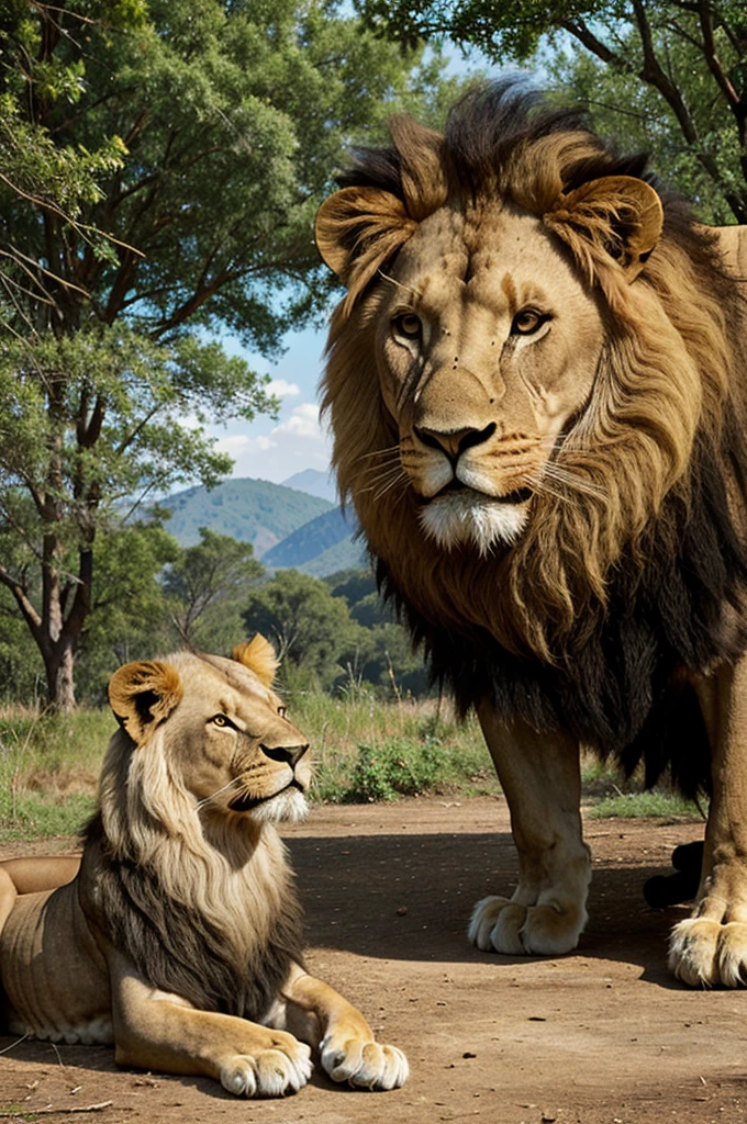 Make an old person telling solution about something to a lion , the lion is listening carefully, this scene should be in a forest