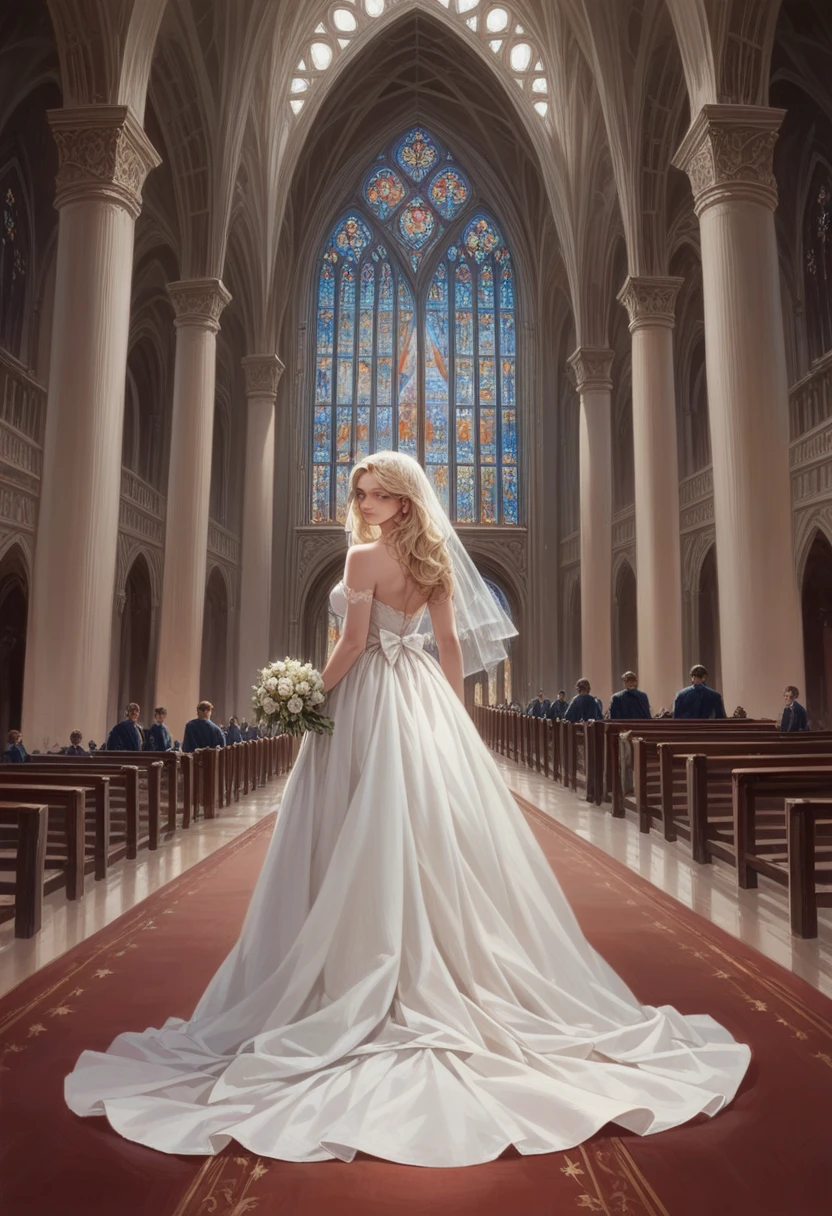 (close up )hyperrealistic art cinematic film still lower angle photography in the style of detailed hyperrealism photoshoot . (beautiful wedding dress walking towards down aisle) Extremely high-resolution details, photographic, realism pushed to extreme, fine texture, incredibly, very tall blonde woman in cathedral
