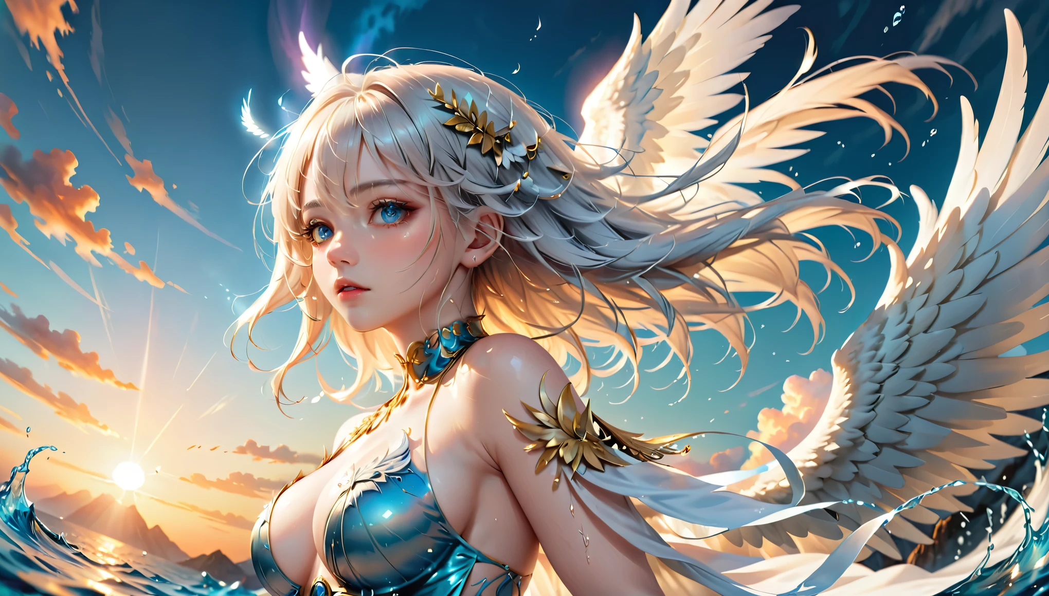 (half Body Image: 2.0),Beautiful young angel with long white hair and wearing a sheer white robe,(Large angelic wings spread: 1.7),Angel with porcelain-like ethereal skin, floating in the air, shot from below emerging from the clouds with a stunning sunset sky in the background,(Highest Quality, 4k, 8k, High Resolution, Masterpiece: 1.2),Ultra Detailed,(Realistic, Photorealistic, Photorealistic: 1.37),Detailed face, Detailed eyes, Detailed lips, Highly detailed facial features, Porcelain skin, Dramatic lighting, Dramatic sky, Cinematic, Fantasy, Digital art, Exquisite details, Graceful, Heavenly, ice and water,ice,water,water ring