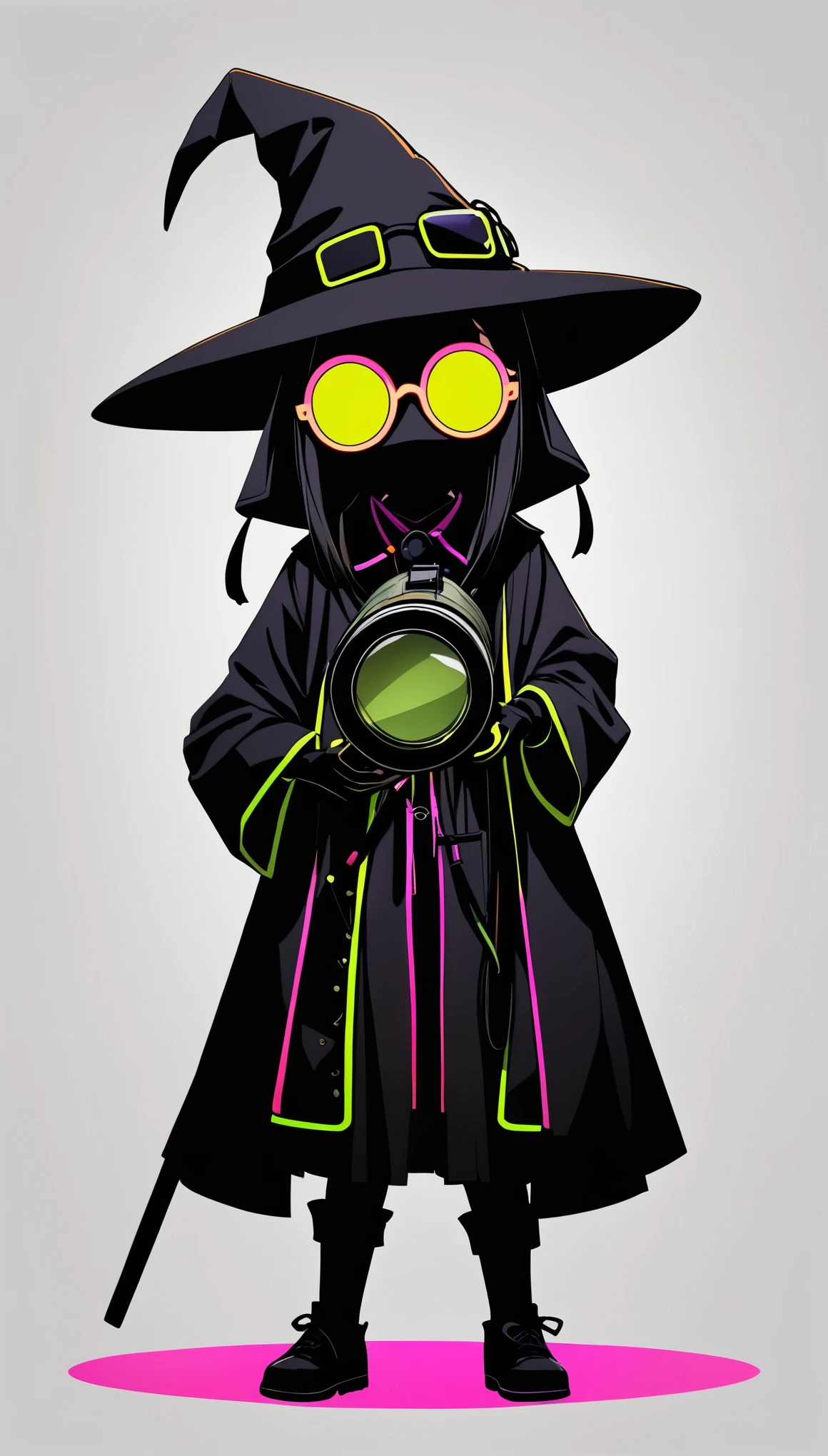Liu Ye style，1 little girl，Lolita figure，Loose hip-hop clothing，Giant wide-brimmed wizard hat，(plague_doctor_mask：1.3),(((Neon round sunglasses)))，Can't see the eyes，Silhouette，大面积blank，Minimalist composition，blank，White background，Chinese ink style