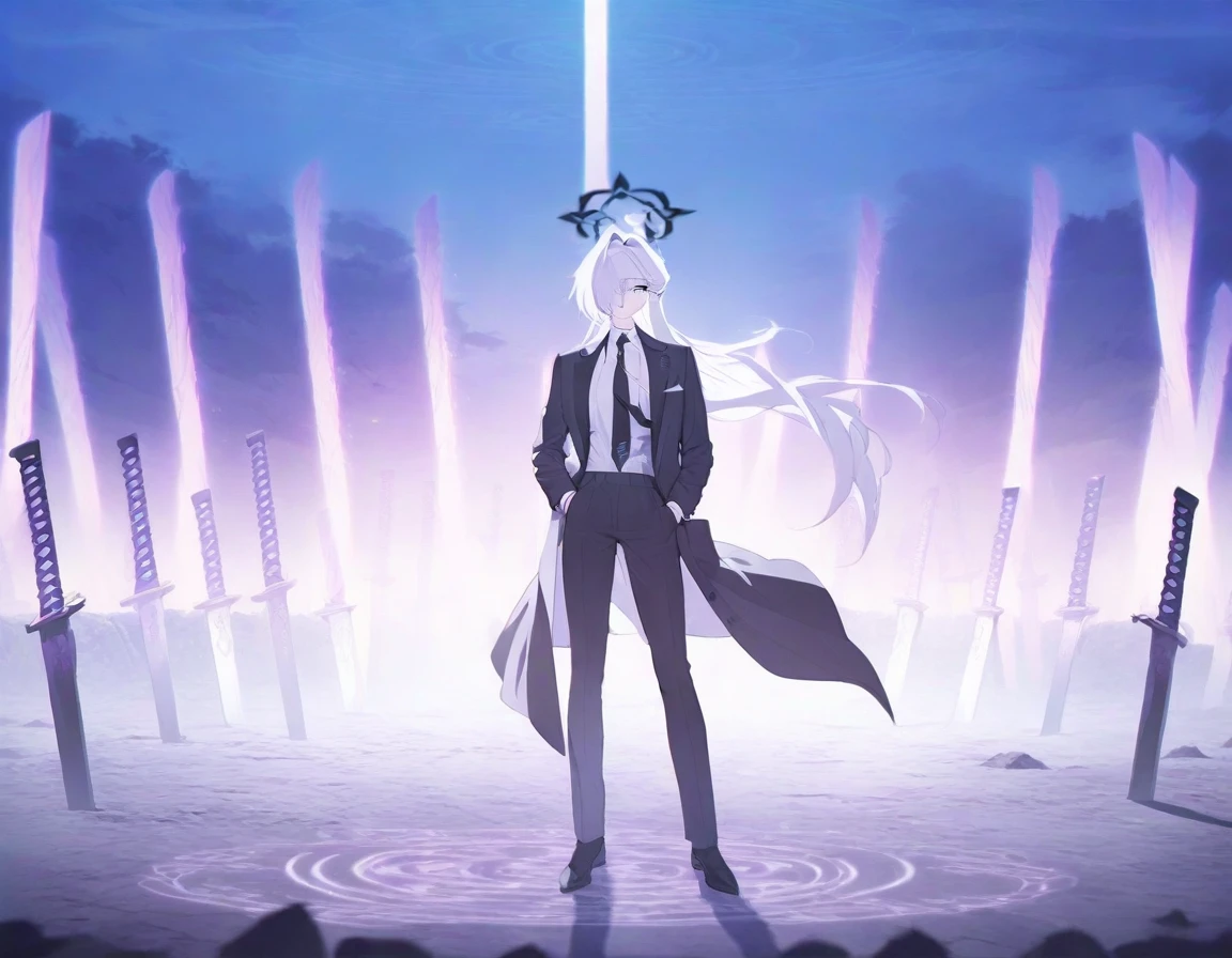 (Highest quality), (High resolution), (masterpiece), (Super detailed), (Highest quality), (High resolution), (masterpiece), (Super detailed), (Bright saturation), Thigh-length hair, White Hair, Heterogeneous eyes: purple left eye and blue right eye, Blue Archive Art Style, One girl, Swinging a black sword in his right hand, Left hand in pocket, girl, (Black long coat, White shirt, Black tie, Black trousers, suit, Black halo) whole body, Countless swords of light are stuck in the ground., Magic circle in the background, Expressionless, Vivid saturation