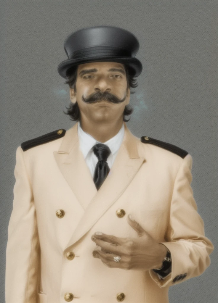há um homem de terno e chapéu with a mustache, drdisrespect posing as napoleon, he is wearing a top hat, waluigi as a real person, Raj Koothrappali como Saul Goodman, drdisrespect like napoleon, Dom Ramon, top hat and luxurious moustache, with a mustache, big mustache, coloured background, wear a stylish mustache