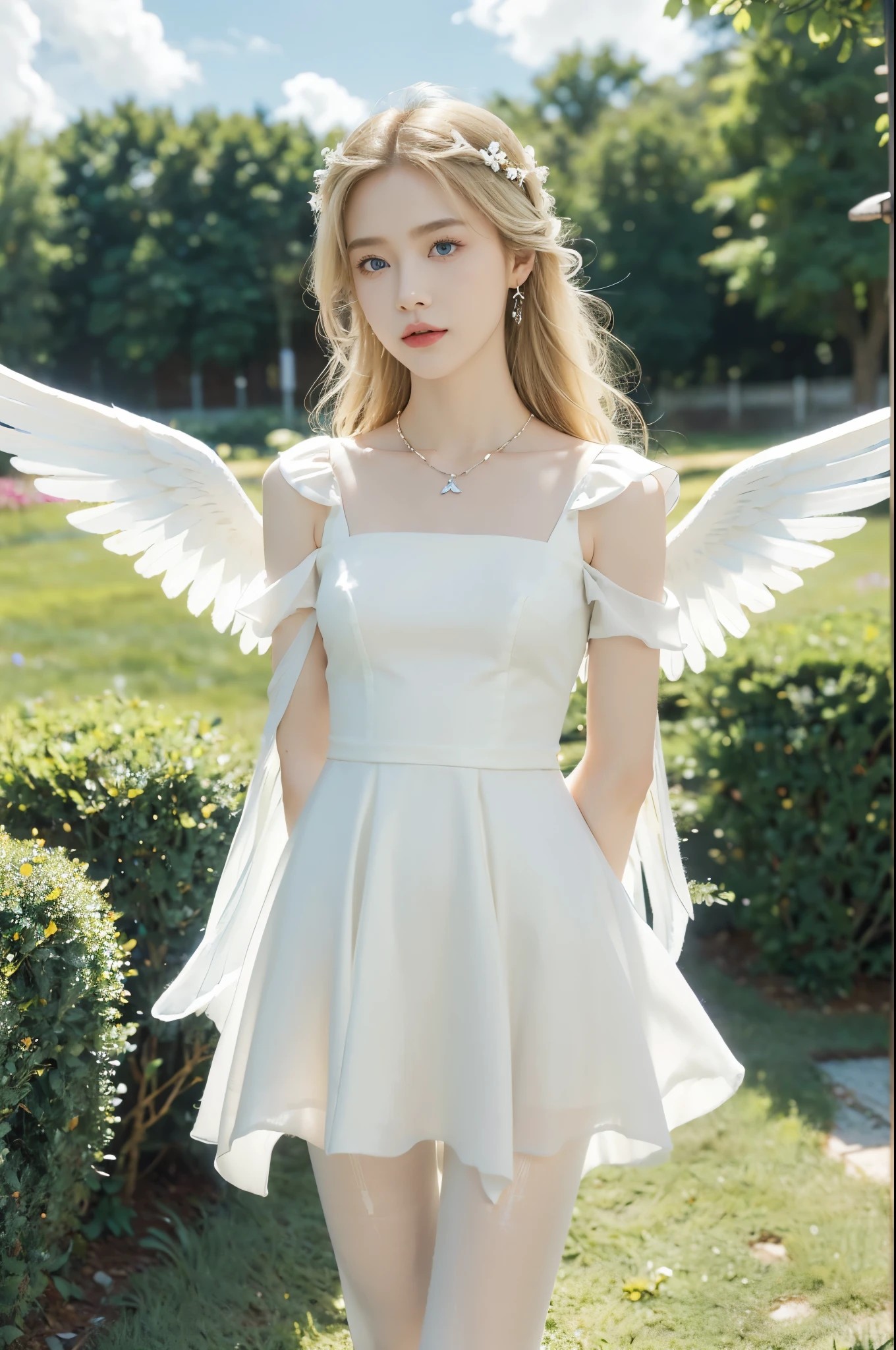 (((best quality))), (((ultra detailed))), (((masterpiece))), illustration,((1 beautiful little girl,solo,angel)),((fair skin,shoulder length straight blonde hair,blue eyes)),(earrings,crystal necklace),((slim,thin,small breasts,flat chest)),joyful expression,(white wings:1.3),(flowing short-sleeved white sheer dress:1.3),((In heaven, garden setting)), vibrant flowers,(colorful flowers:1.3),lush grass, gentle breeze, (clear sky, fluffy clouds, shining sun),((from front,standing,upper body,arms behind back)),((slender legs,pantyhose))