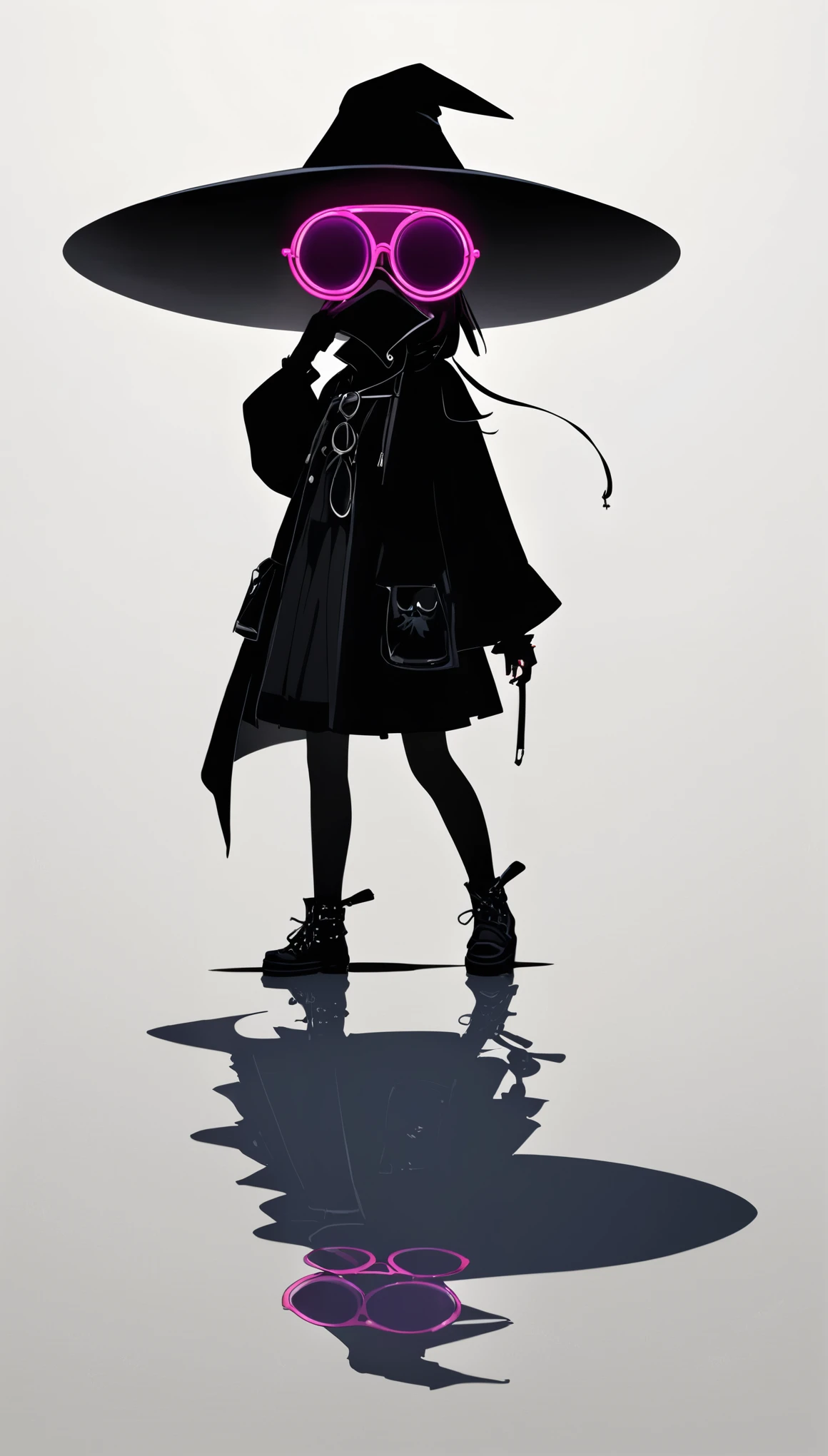 Liu Ye style，1 ，Lolita figuoose hip-hop clothing，Giant wide-brimmed wizard hat，(plague_doctor_mask：1.3),(((Neon round sunglasses)))，Can't see the eyes，Silhouette，大面积blank，Minimalist composition，blank，White background，Chinese ink style