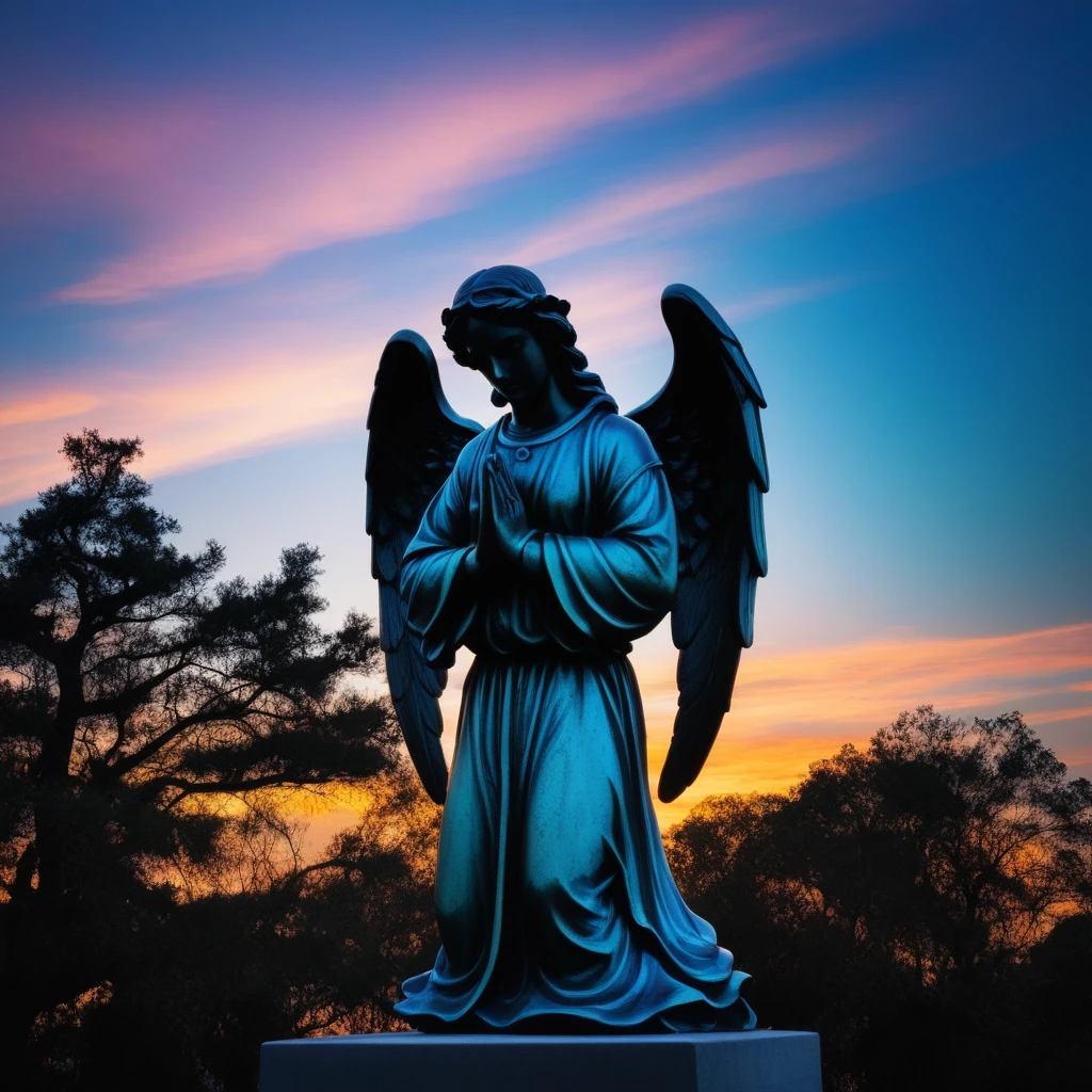 Silhouette of praying angel, statue of an angel