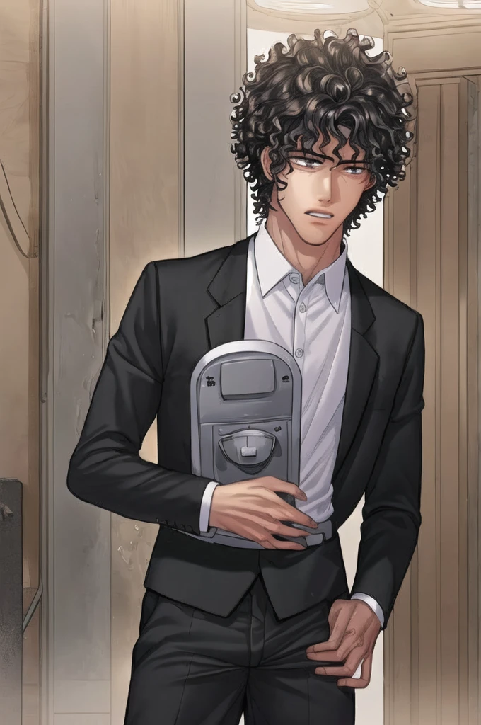 A 16 year old young man, curly hair, close to the shoulder and a little full. Slim body but not too much. shirt with long sleeves in black, skin a little white but not too much, black pupil, Bblack hair, black pants. a little high, who has five silver rings, one on his thumb, one on the indicator, one in the ring, e na outro one in the ring e indicador. The background could be a normal room