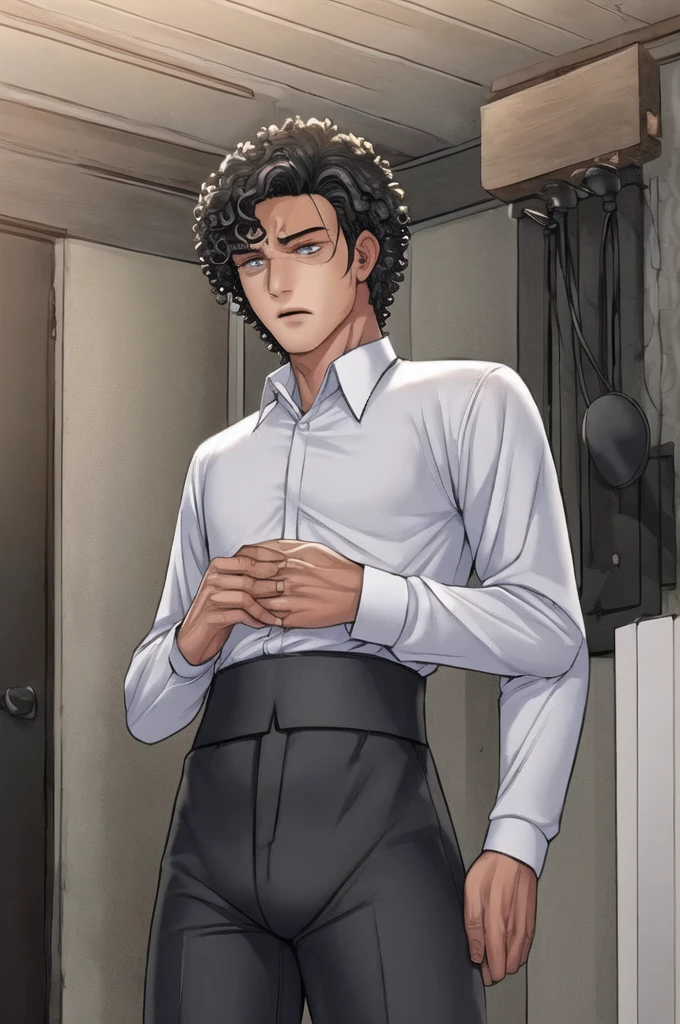 A 16 year old young man, curly hair, close to the shoulder and a little full. Slim body but not too much. shirt with long sleeves in black, skin a little white but not too much, black pupil, Bblack hair, black pants. a little high, who has five silver rings, one on his thumb, one on the indicator, one in the ring, e na outro one in the ring e indicador. The background could be a normal room