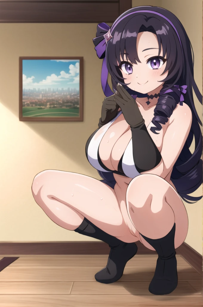 masterpiece,Highest quality,Very detailed,Super detailed,Very detailed,Beautiful Eyes,Beautiful Hair,Beautiful Face,Beautiful Skin,Perfect Anatomy,High resolution,full_body,超High resolution,Huge breasts,Blake Hmsalome,Drill Hair,Parted bangs,Black hair band,ribbon,Purple eyes,naked,Bare shoulders,Black gloves,Squat,city,Throw out your chest,indoor,(((Fascinating_smile))),(Tilt_return:0.8),Shaved pussy,Do the splits,wet pussy