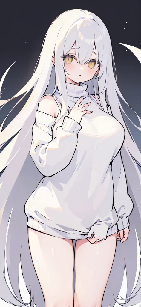 (((Long white Beautiful Hair))),greys hair,kawai,(((Eyes visible from bangs,hair over eyes:1.3))),,Huge breasts,(Yellow color eyes),,(yellw slanted eyes),1girl in,bangs,longs black hair, (white background) (using dark red sweaters, sweater models, off-the-shoulder sweaters), ((Don't wear any pants because the bottom fabric of the sweater is long from the sides to the middle of the thigh)) the curve of her thighs is visible, ((long straight hair)),((The pose of the right hand above the chest, the pose of the left hand hanging down the fingers must be perfect)) (long sweater sleeve covers the back of the hand) image as per tag, Standing body position facing the left side, Bare thighs, Very large breasts, plump round breasts, narrow eyes Slant eyes slant eyes slant eyes slant eyes slant eyes slant eyes big breasts