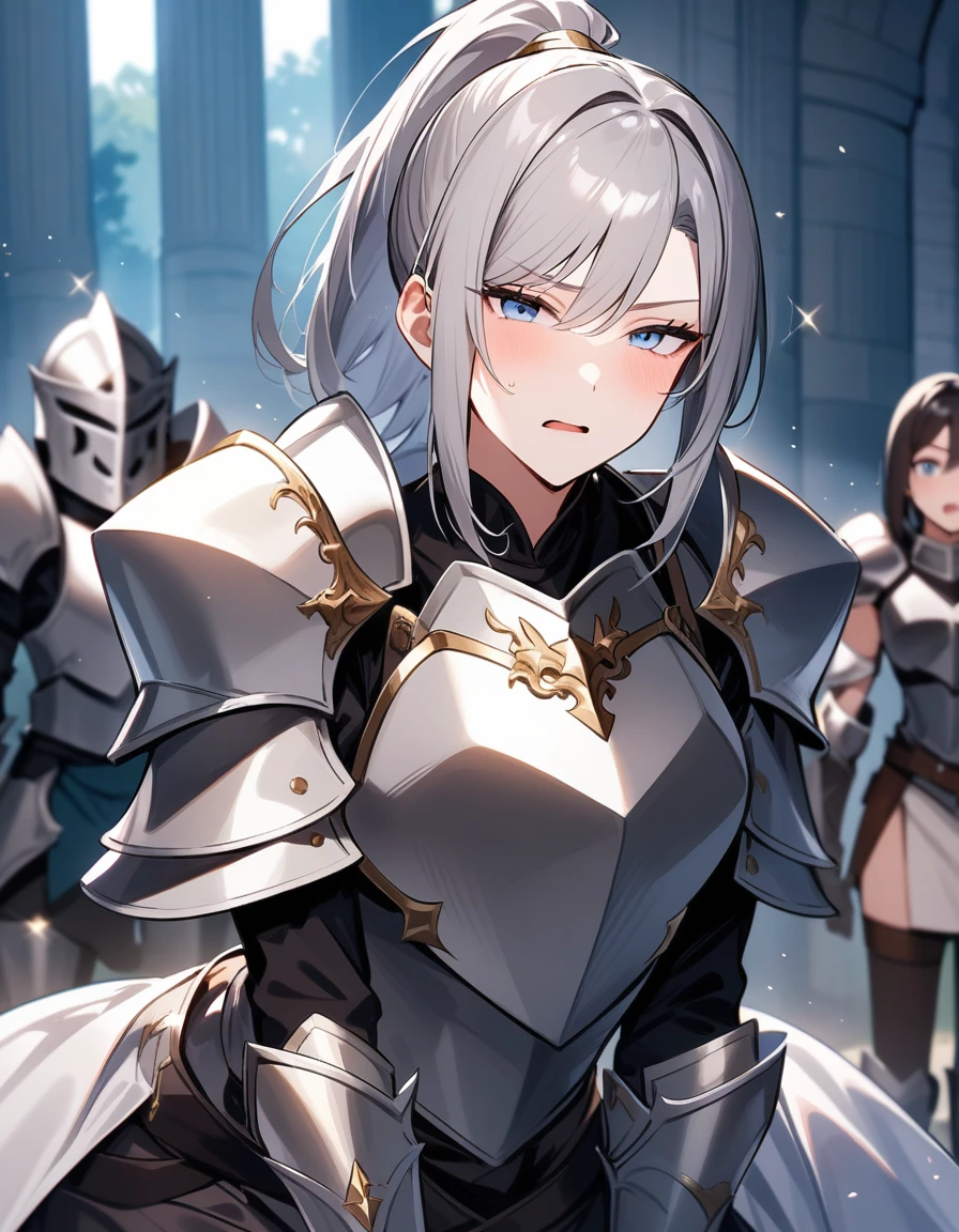 Beautiful girl knight in armor, Gray Hair, tsurime, fantastic, Face your body forward like a certificate photo, shoot from front, Ponytail, Armor Girl, beautiful female knight, Female Paladin, pale blue eyes, narrowed eyes squint, Talking mouth highest quality, so beautiful,