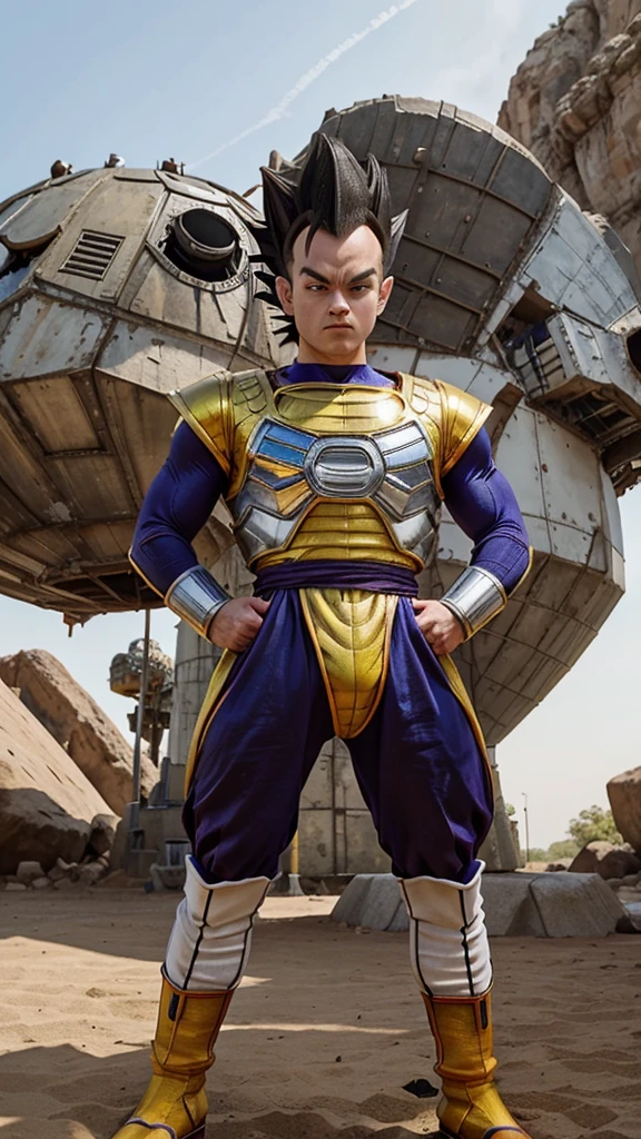 standing in front of a giant object, prince vegeta, saiyan armor, vegeta, character dragonball, dragon ball artstyle, with vegeta head hair, dragon ball concept art, akira toriyama style, dragon ball, cell shaded!!!, 8K best quality