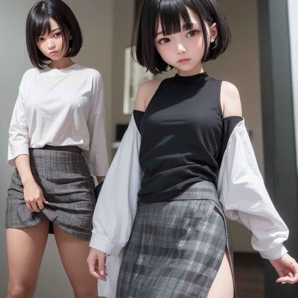 Girl with short medium black hair, black sweatshirt, White shirt, gray plaid skirt and black measurements