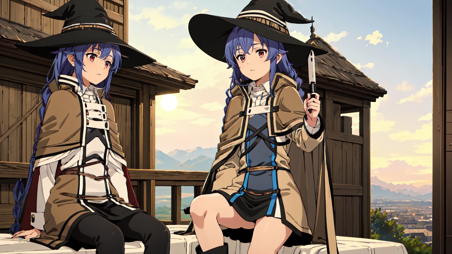 (Highest quality:1.5, High resolution, 超High resolution, 4K, Detailed lighting, Shaders)One Girl, Roxy Migurdia, witch Hat, blue eyes, Blue Hair, Twin Blade, Twin tails, (Brown coat:1.1), Cape, Robe, Braided Ponytail, Knee Boots, witch, Holding, , Black socks, ヘアribbon, ribbon, View your audience, socks, smile, Mouth closed, plein air, sun,, (Tabletop:1.2), High resolution, Highest quality, 8K, Very very clear(((,Squat Panty shot)))++ Beautiful legs1人, Roxy Migurdia, witch Hat, blue eyes, Blue Hair, Twin Blade, Twin tails, (Brown coat:1.1), Cape, Robe, Braided Ponytail, Knee Boots, witch, Holding, , Black socks, ヘアribbon, ribbon, View your audience, socks, smile, Mouth closed, plein air, sun,, (Tabletop:1.2), High resolution, Highest quality, 8K, Very very clear Beautiful legs ((((topless))))++ blush