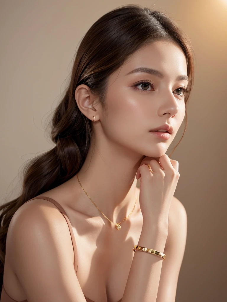 Create a highly detailed portrait of a young woman with an elegant, modern appearance. She has long, wavy brown hair tied up in a high ponytail, with soft curls cascading down. Her eyes are large and expressive, with natural makeup highlighting her features, including subtle blush, light eye shadow, and glossy nude lipstick. She is wearing a stylish halter top that exposes her shoulders and a delicate gold bracelet on her right wrist. Her pose is graceful, with her left hand resting gently on her cheek and her right hand supporting her chin. The background is dark, illuminated by soft, focused lighting that enhances her delicate skin texture and creates a dramatic, sophisticated atmosphere. The overall mood should be one of elegance and poise, capturing her refined and modern beauty.