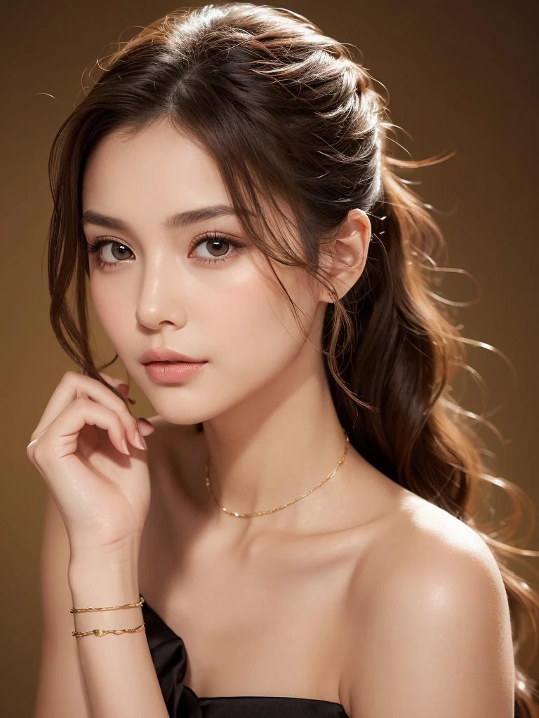 Create a highly detailed portrait of a young woman with an elegant, modern appearance. She has long, wavy brown hair tied up in a high ponytail, with soft curls cascading down. Her eyes are large and expressive, with natural makeup highlighting her features, including subtle blush, light eye shadow, and glossy nude lipstick. She is wearing a stylish halter top that exposes her shoulders and a delicate gold bracelet on her right wrist. Her pose is graceful, with her left hand resting gently on her cheek and her right hand supporting her chin. The background is dark, illuminated by soft, focused lighting that enhances her delicate skin texture and creates a dramatic, sophisticated atmosphere. The overall mood should be one of elegance and poise, capturing her refined and modern beauty.