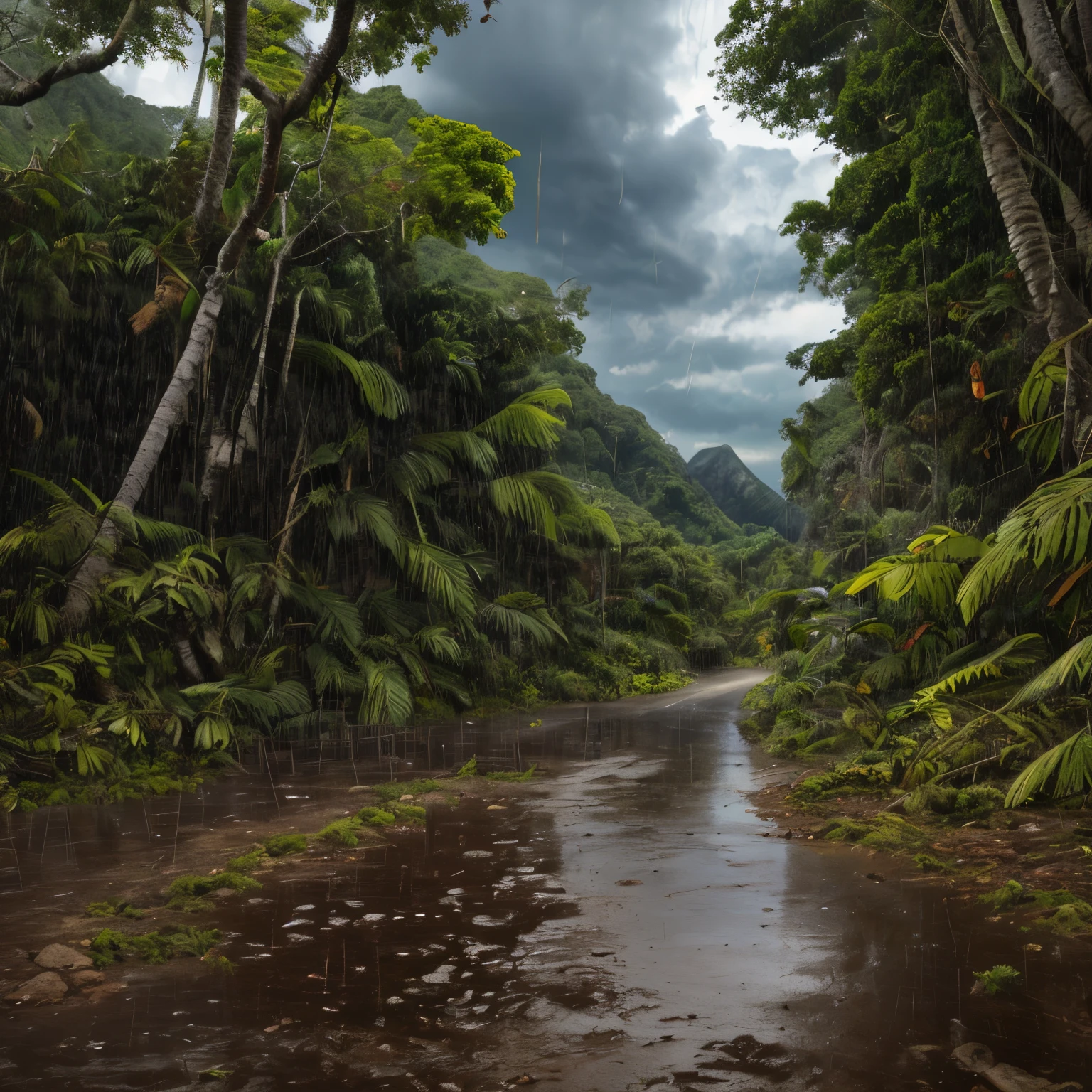 (high quality), (Realistic photos)、No audience、((tropical rain forest:1.5))、((Dark rainy sky:1.4))、((Mountain trail:1.4))、Daytime、