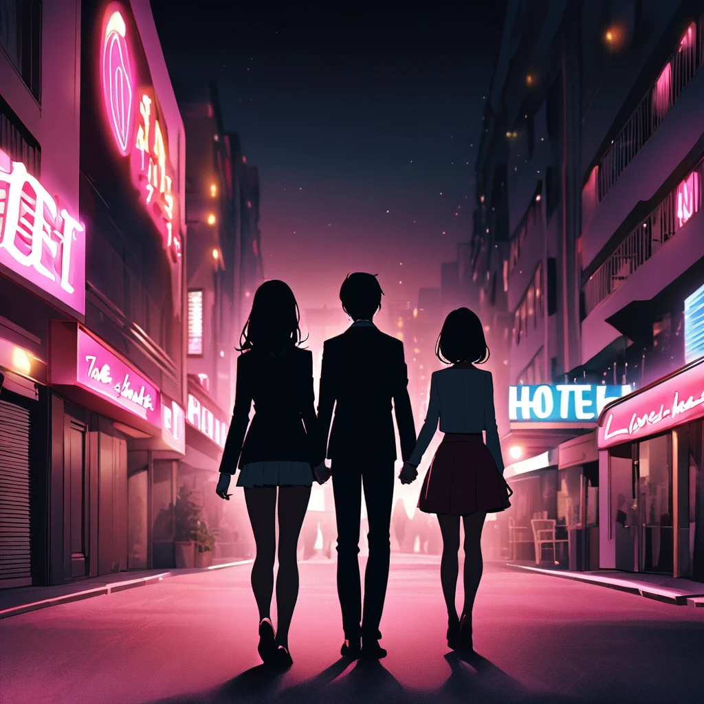 Back view of a couple in suits walking hand in hand through a love hotel district at night、The woman is wearing a skirt suit and has long, black hair.