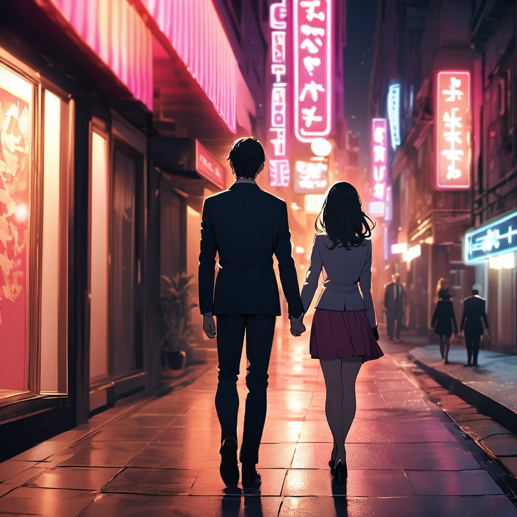 Back view of a couple in suits walking hand in hand through a love hotel district at night、The woman is wearing a skirt suit and has long, black hair.