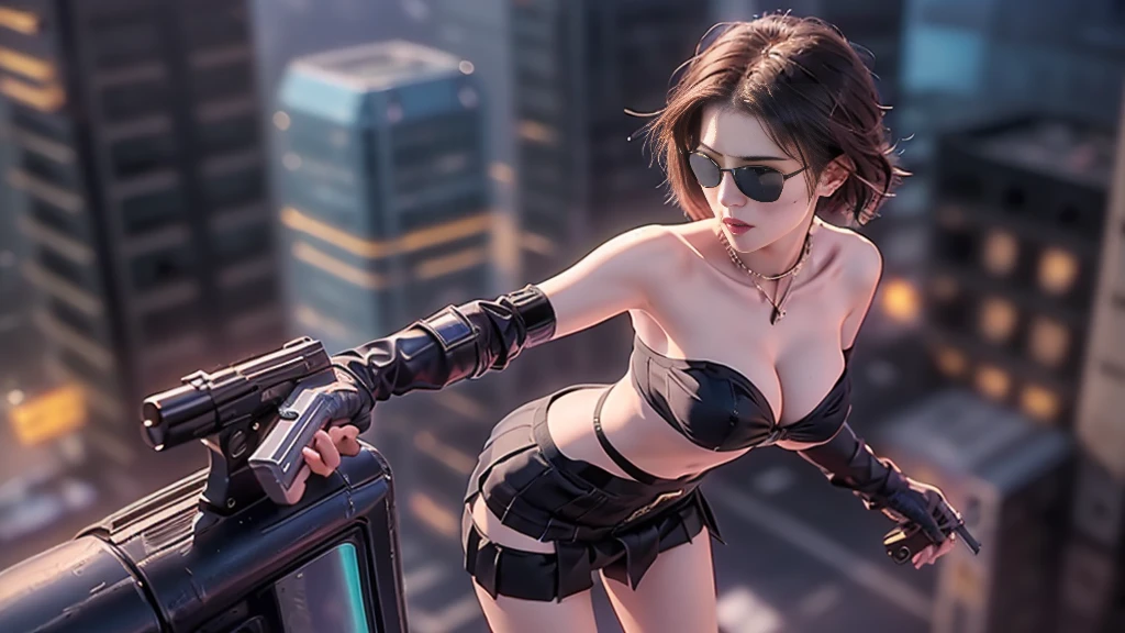 (aerial view). at night, futuristic sci-fi cyberpunk city, broad viaduct, skyscrapers at the end of the viaduct, the movie "13th Floor" style, hq. Matrix style, at night, (1girl, solo), photo realistic, (large-breast:1.2 slim body, cleavage:1.3), (((tube top, extreamly short pleated (((miniskirt))) exposing panty))), (((((matrix style black sunglasses))))), (((((aiming at camera with a (pistol)))))), (((half-body (thigh level) medium shot))), (cinematic lighting).