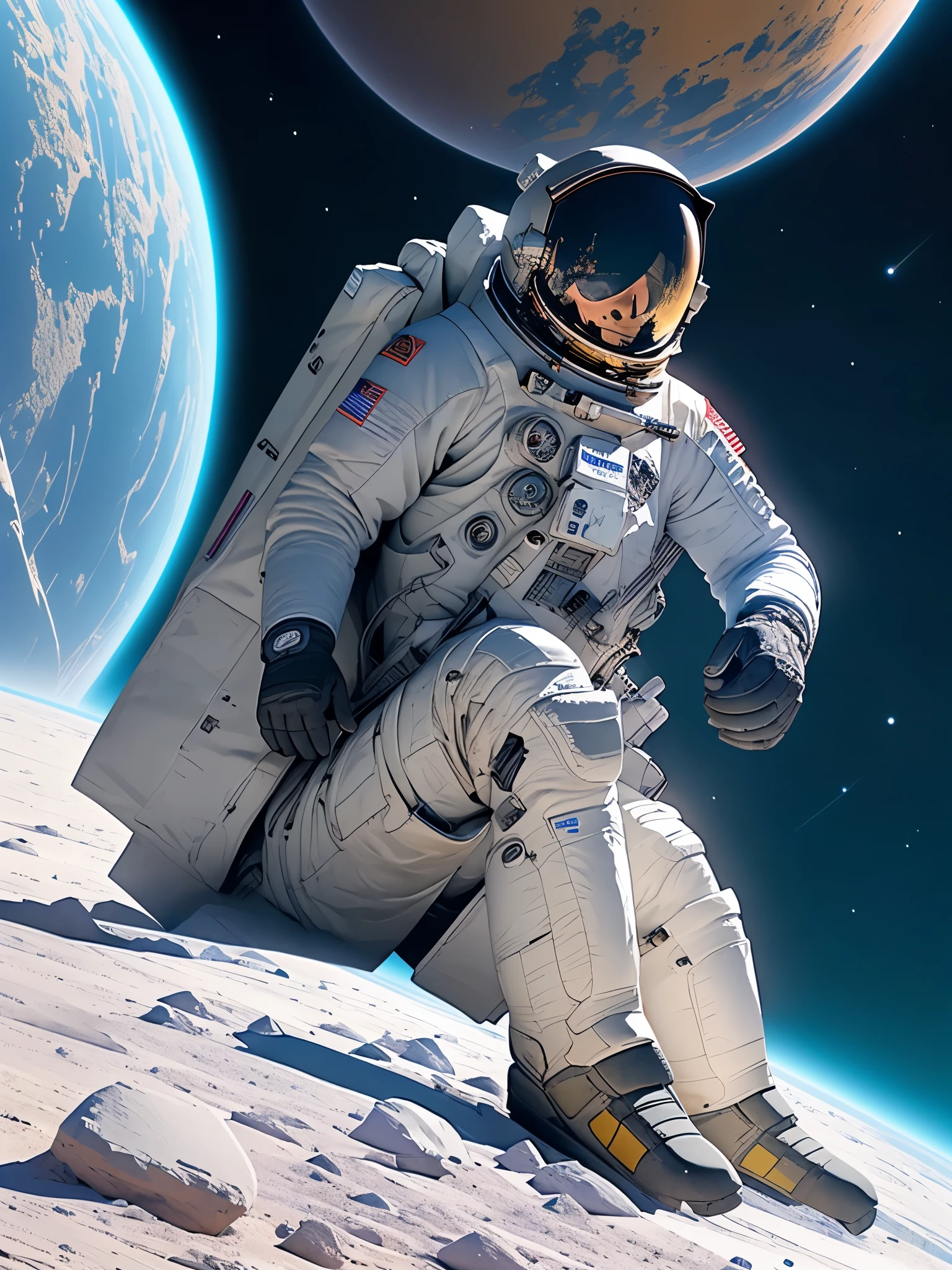 Create a highly detailed image of an astronaut sitting on the edge of a rocky cliff in a desolate, alien landscape. The astronaut is in a white space suit with various intricate details, including patches and equipment attached to the suit. He is seated with his hands clasped in front of him, looking downwards in a contemplative manner. The background is a stark, barren terrain with craggy rocks and a distant view of rugged mountains under a dark, star-filled sky. The lighting is low, with a cold, blue hue, enhancing the lonely and serene atmosphere. Small particles, possibly dust or snow, are gently floating in the air, adding to the otherworldly ambiance. The overall mood should be one of solitude and introspection, capturing the vastness and isolation of space.