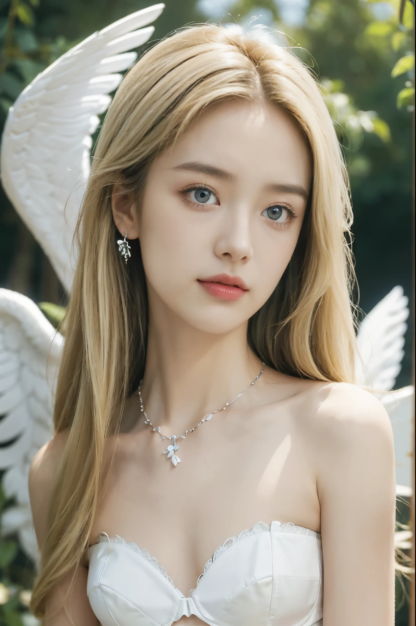 (((best quality))), (((ultra detailed))), (((masterpiece))), illustration,((1 beautiful little girl,solo,angel)),((fair skin,shoulder length straight blonde hair,blue eyes)),(earrings,crystal necklace),((slim,thin,small breasts,flat chest)),joyful expression,(white wings:1.3),(strapless white sheer bra:1.3),((In heaven, garden setting)), vibrant flowers,(colorful flowers:1.3),lush grass, gentle breeze, (clear sky, fluffy clouds, shining sun),((from front,close-up of face)),