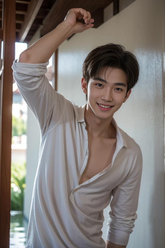 20-year-old handsome guy,looking to the camera,frontage,high qulity,tmasterpiece,8K.4K,1080P,Light-sensitive,Flood, ยิ้ม