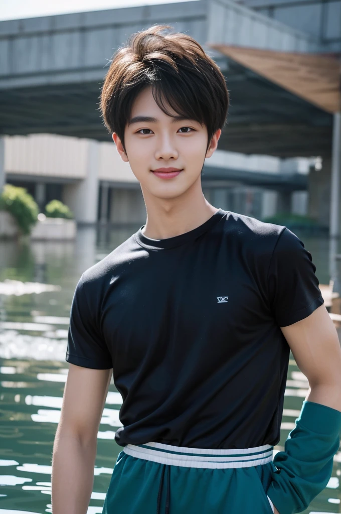 (As a matter of fact, Masterpiece, 8k HD, good light quality, sportswear, fit the face, complicated details), A handsome and muscular young Korean man., He has short, muscular hair in a buzzcut style.  ,(Broad shoulders:1.3), 20 years old, be happy, smile brightly, detailed face, delicate eyes, มองดูsky, (Wear a navy tight T-shirt.:1.6), period, black eyes, Black hair color, ผมsmooth, smooth, outdoor sports, Along the garden, Sunny,sky，Surreal，Awesome details，Highest quality，real，(As a matter of fact, Masterpiece, 8k HD, good light quality, sportswear, fit the face, complicated details), A handsome and muscular young Korean man. มีกล้าม ,(Broad shoulders:1.3), 20 years old, be happy, smile brightly, detailed face, delicate eyes, มองดูsky, (Wear a navy tight T-shirt.:1.6), period, black eyes, Black hair color, ผมsmooth, smooth, outdoor sports, Along the garden, Sunny,sky，Surreal，Awesome details，Highest quality，real