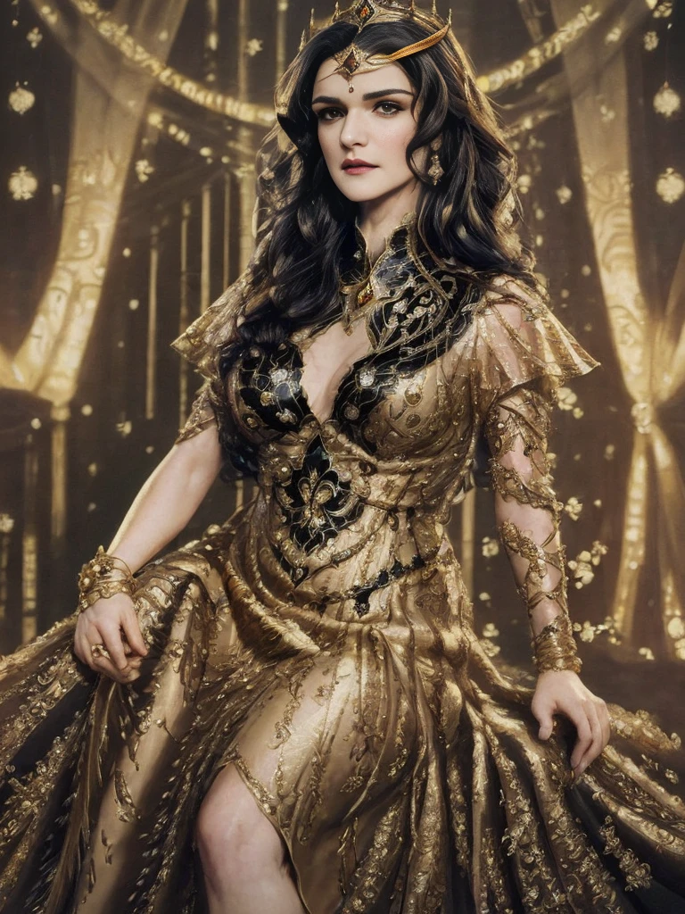 Woman "Rachel Weisz" de Arad in a light yellow dress with black and gold details, a beautiful fantasy empress, palace，full body detailed image, ((a beautiful fantasy empress)), beautiful character painting, 由杨J, beautiful celestial mage, beautiful fantasy maiden, inspired by Lan Ying, fantasy art style,  (master part:1.0), (best qualityer:1.4), (ultra-highresolution:1.2), (Delicate Illustrations:1.4),(8K, Foto RAW:1.2), (softfocus:1.4),