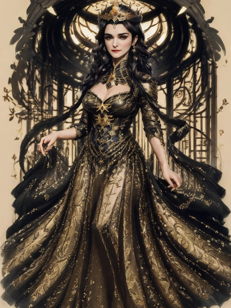 Woman "Rachel Weisz" de Arad in a light yellow dress with black and gold details, a beautiful fantasy empress, palace，full body detailed image, ((a beautiful fantasy empress)), beautiful character painting, 由杨J, beautiful celestial mage, beautiful fantasy maiden, inspired by Lan Ying, fantasy art style,  (master part:1.0), (best qualityer:1.4), (ultra-highresolution:1.2), (Delicate Illustrations:1.4),(8K, Foto RAW:1.2), (softfocus:1.4),