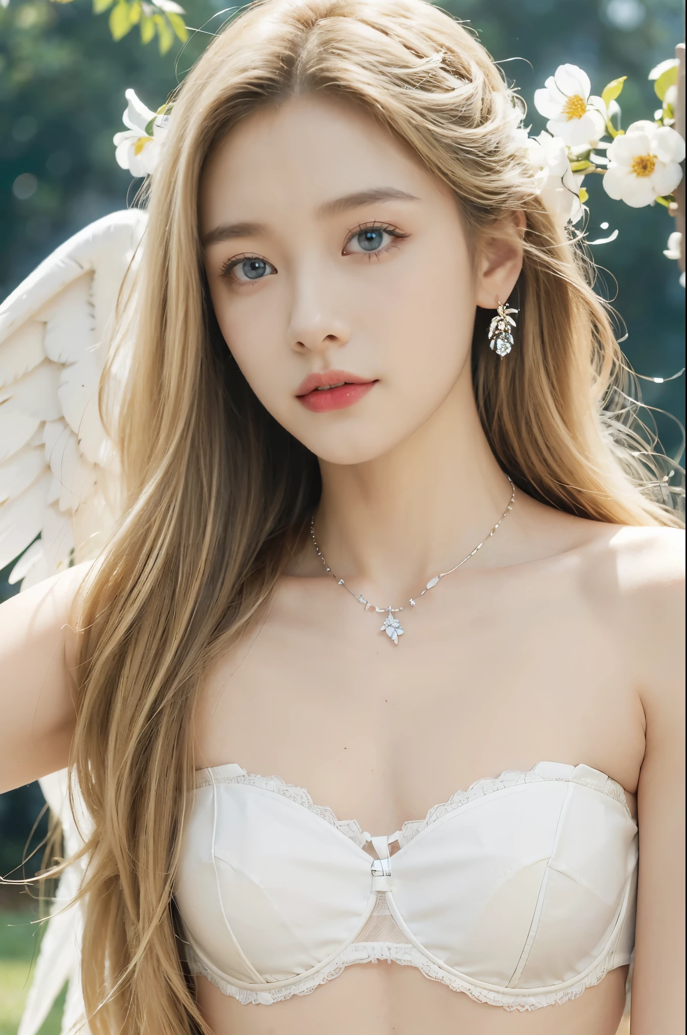(((best quality))), (((ultra detailed))), (((masterpiece))), illustration,((1 beautiful ,solo,angel)),((fair skin,shoulder length straight blonde hair,blue eyes)),(earrings,crystal necklace),((slim,thin,small breasts,flat chest)),joyful expression,(white wings:1.3),(strapless white sheer bra:1.3),((In heaven, garden setting)), vibrant flowers,(colorful flowers:1.3),lush grass, gentle breeze, (clear sky, fluffy clouds, shining sun),((from front,close-up of face)),