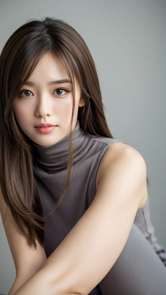 (Detailed face),((between legs)),chest,cute,Sleeveless and(turtleneck)White silky clothes,4K,Ultra-high resolution,(Photorealistic:1.7),Gray background,Long Hair,