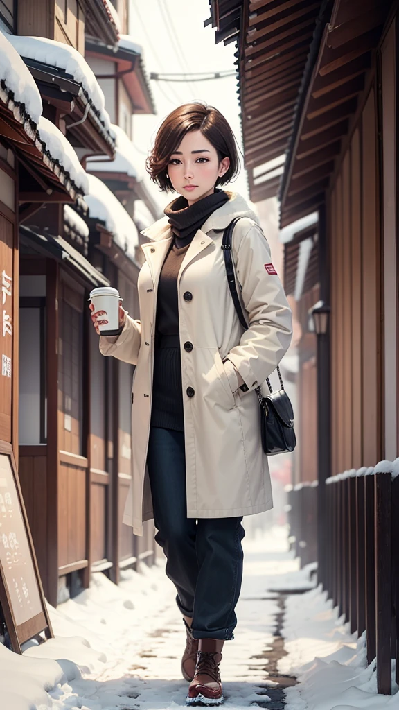 Beautiful young woman with short hair. Realistic. Walking in a Japanese city. Snow. Sakura.