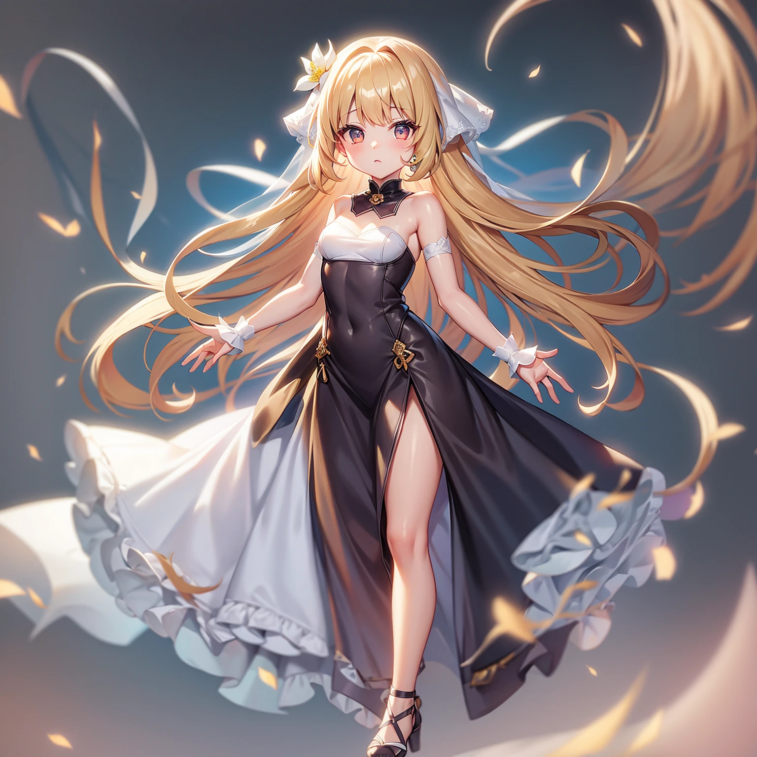 ((White Wedding Dress)),Cute little ,Tiny ,Small girl,,Childish face, Very fine clean face,Top quality, Big eyes,Straight Hair,Yellow hair,Crimson Eye,(Dark Room), Subtle light, Natural light,Soft lighting,Light from directly behind, (Are standing), Cute pose, (Open your hands), Showing the whole body,Front view,Black background